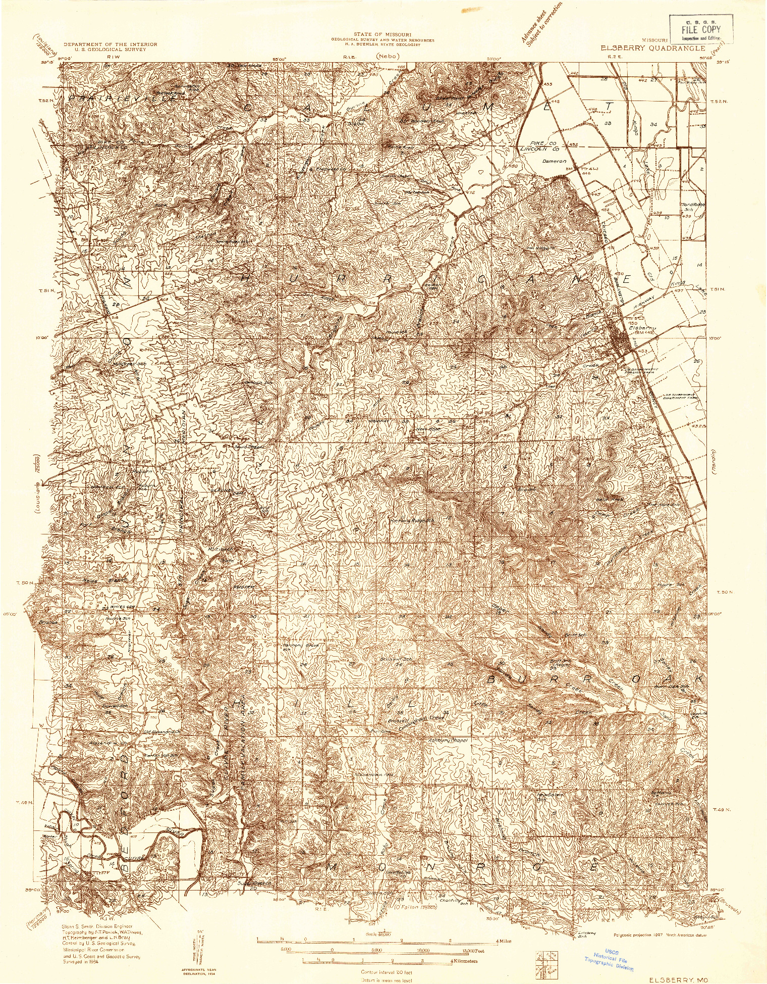 USGS 1:48000-SCALE QUADRANGLE FOR ELSBERRY, MO 1934