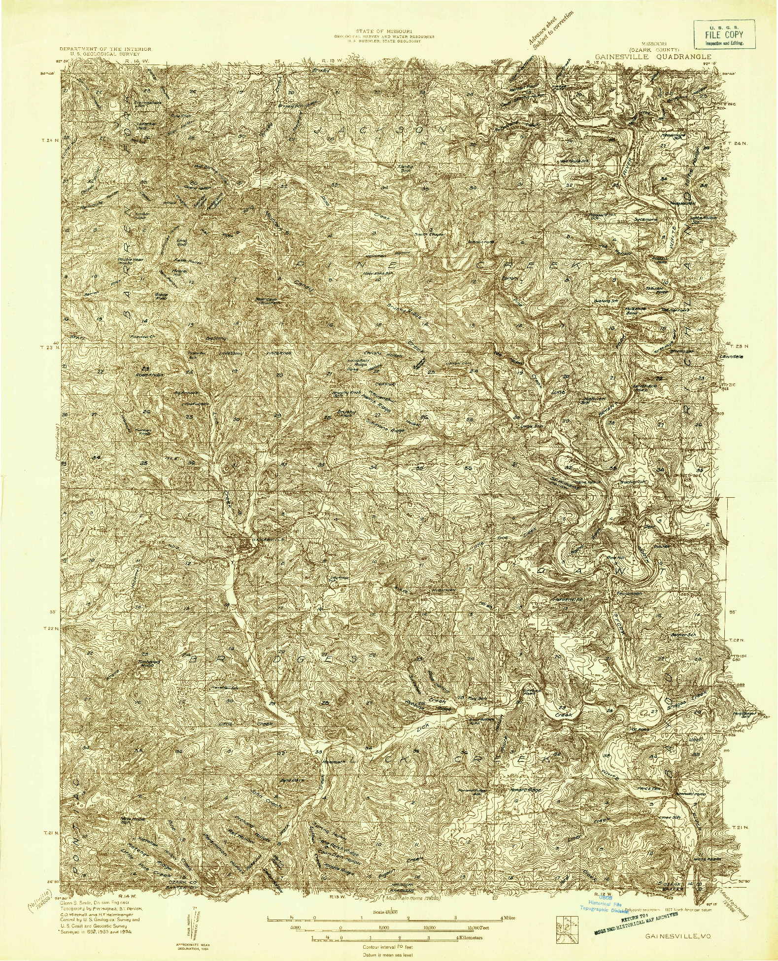USGS 1:48000-SCALE QUADRANGLE FOR GAINESVILLE, MO 1934