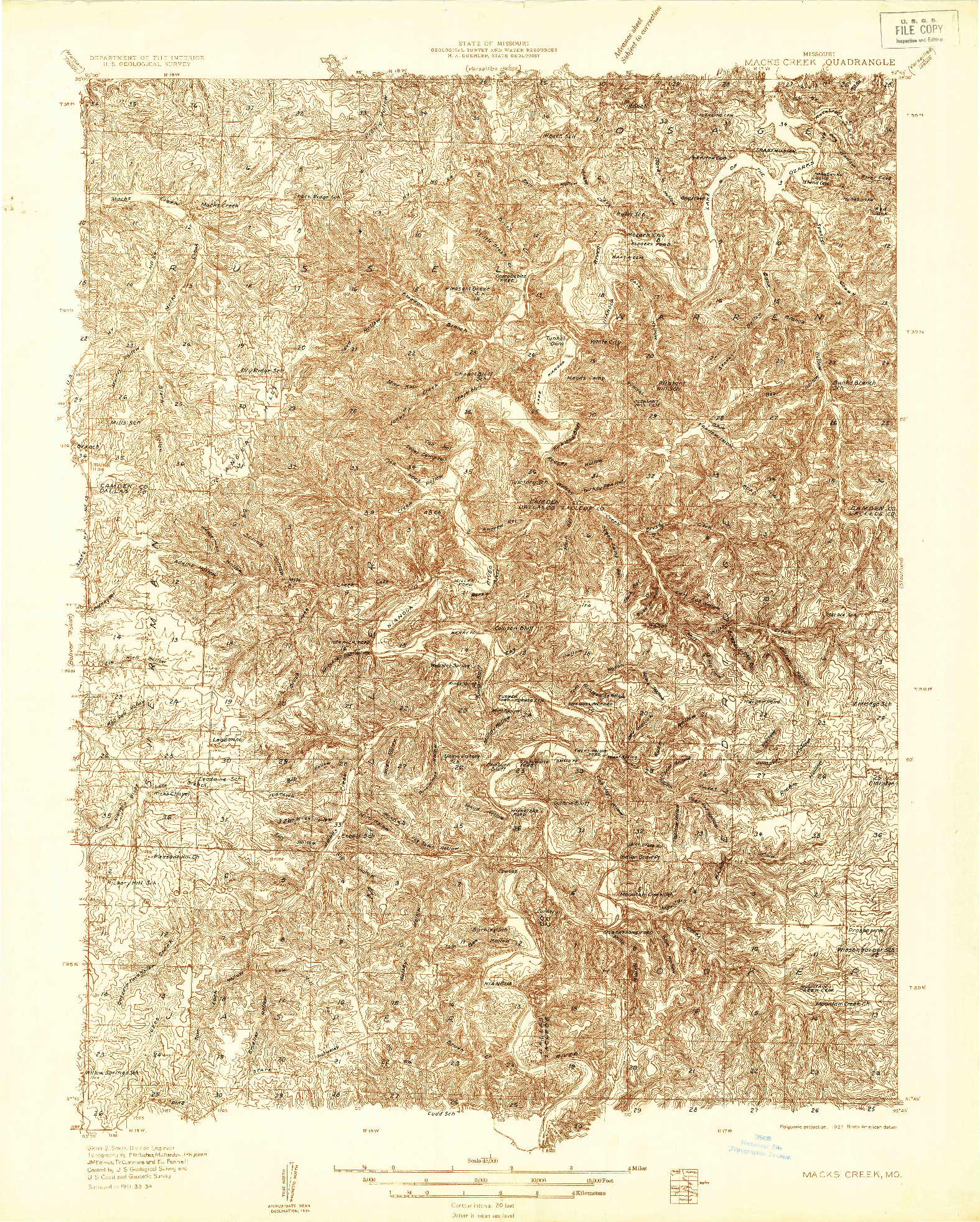 USGS 1:48000-SCALE QUADRANGLE FOR MACKS CREEK, MO 1934