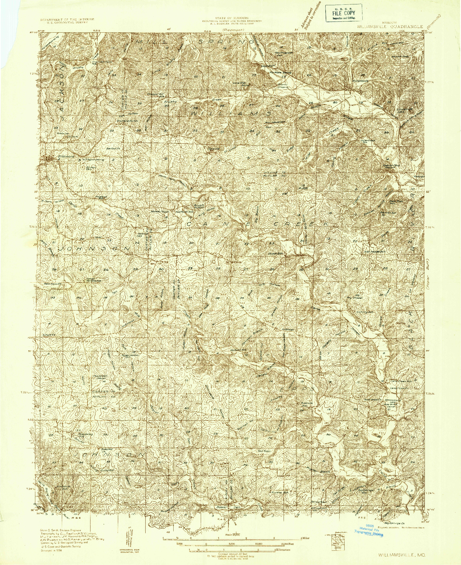 USGS 1:48000-SCALE QUADRANGLE FOR WILLIAMSVILLE, MO 1934