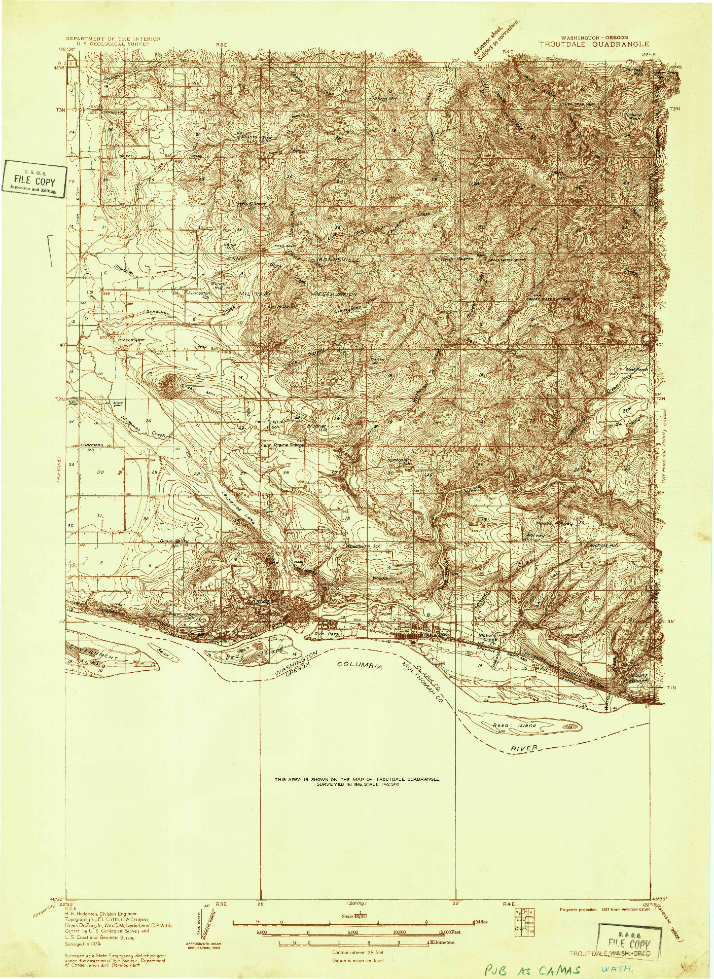 USGS 1:48000-SCALE QUADRANGLE FOR TROUTDALE, WA 1934