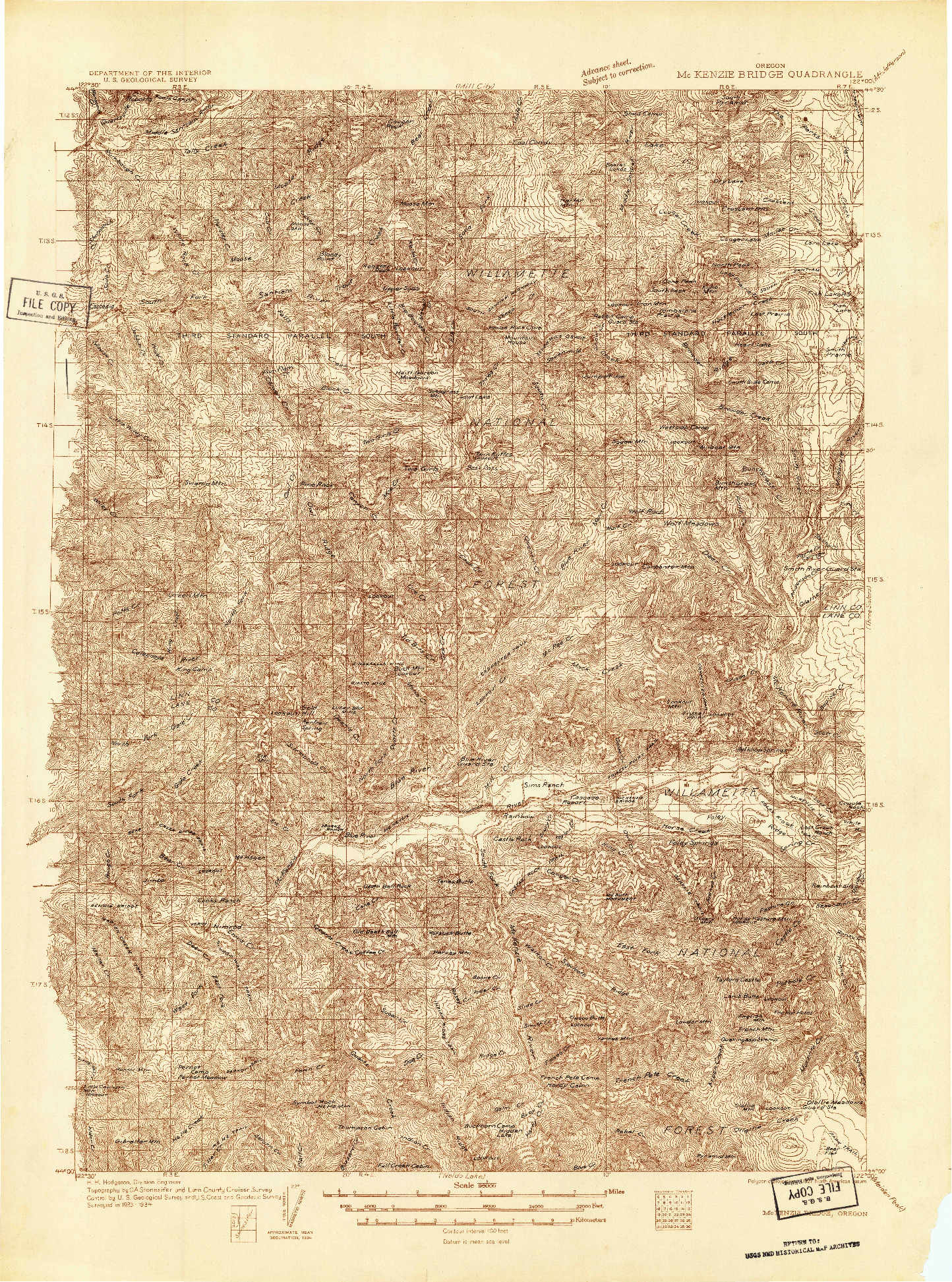 USGS 1:96000-SCALE QUADRANGLE FOR MC KENZIE BRIDGE, OR 1934