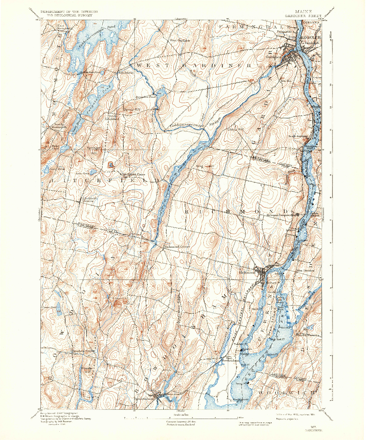 USGS 1:62500-SCALE QUADRANGLE FOR GARDINER, ME 1892
