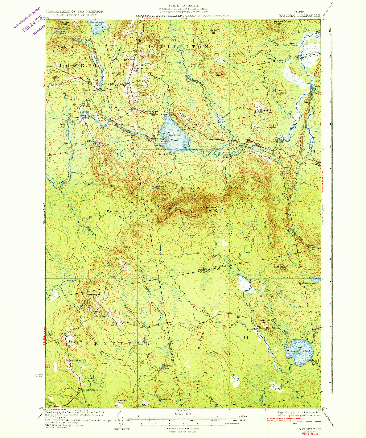 USGS 1:62500-SCALE QUADRANGLE FOR SAPONAC, ME 1934