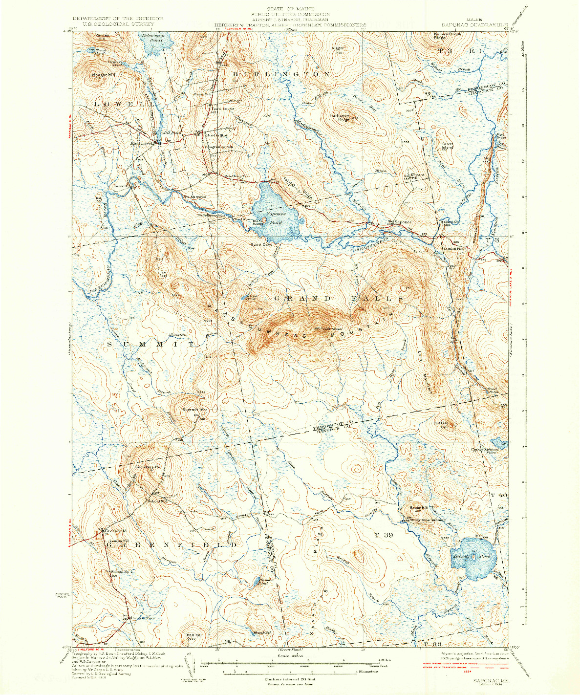 USGS 1:62500-SCALE QUADRANGLE FOR SAPONAC, ME 1934