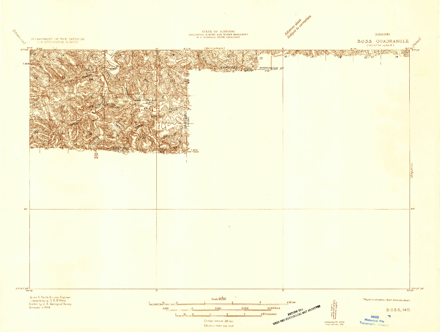 USGS 1:48000-SCALE QUADRANGLE FOR BOSS, MO 1934