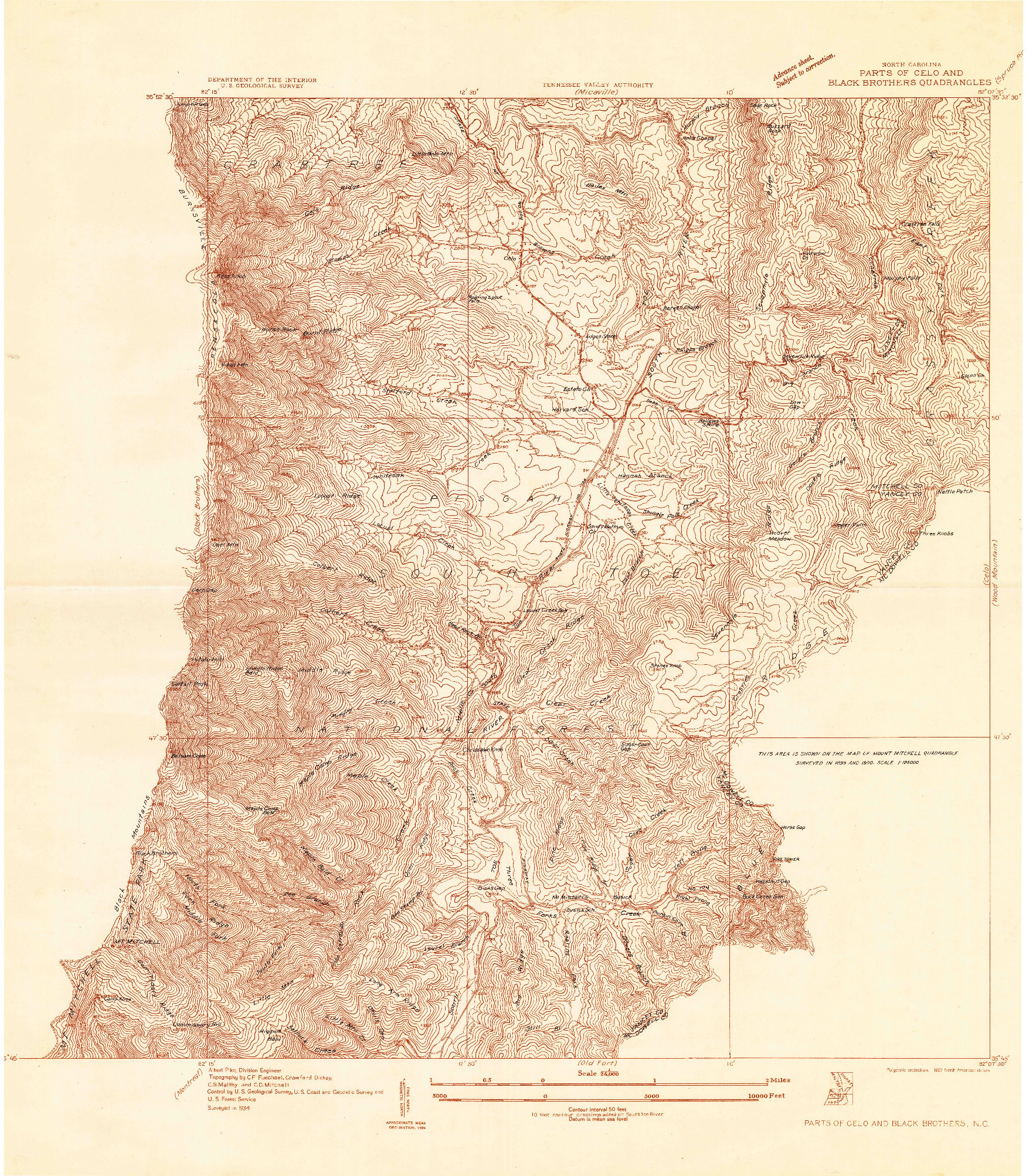 USGS 1:24000-SCALE QUADRANGLE FOR PARTS OF CELO AND BLACK BROTHERS, NC 1934