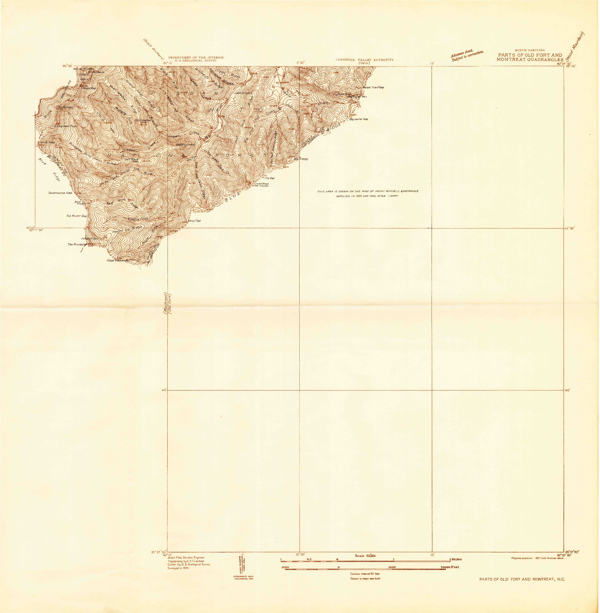 USGS 1:24000-SCALE QUADRANGLE FOR PARTS OF OLD FORT AND MONTREAT, NC 1934