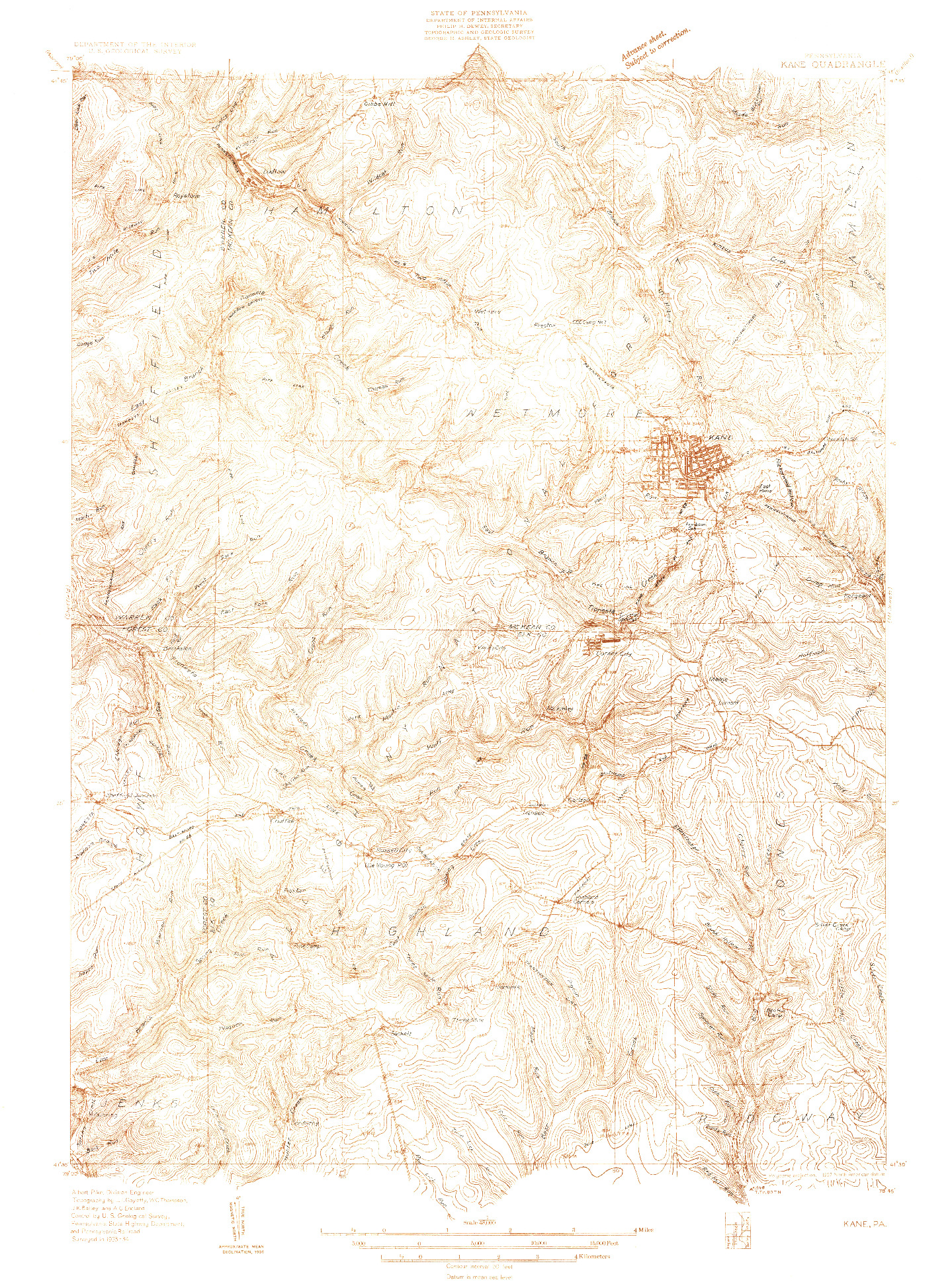 USGS 1:48000-SCALE QUADRANGLE FOR KANE, PA 1934