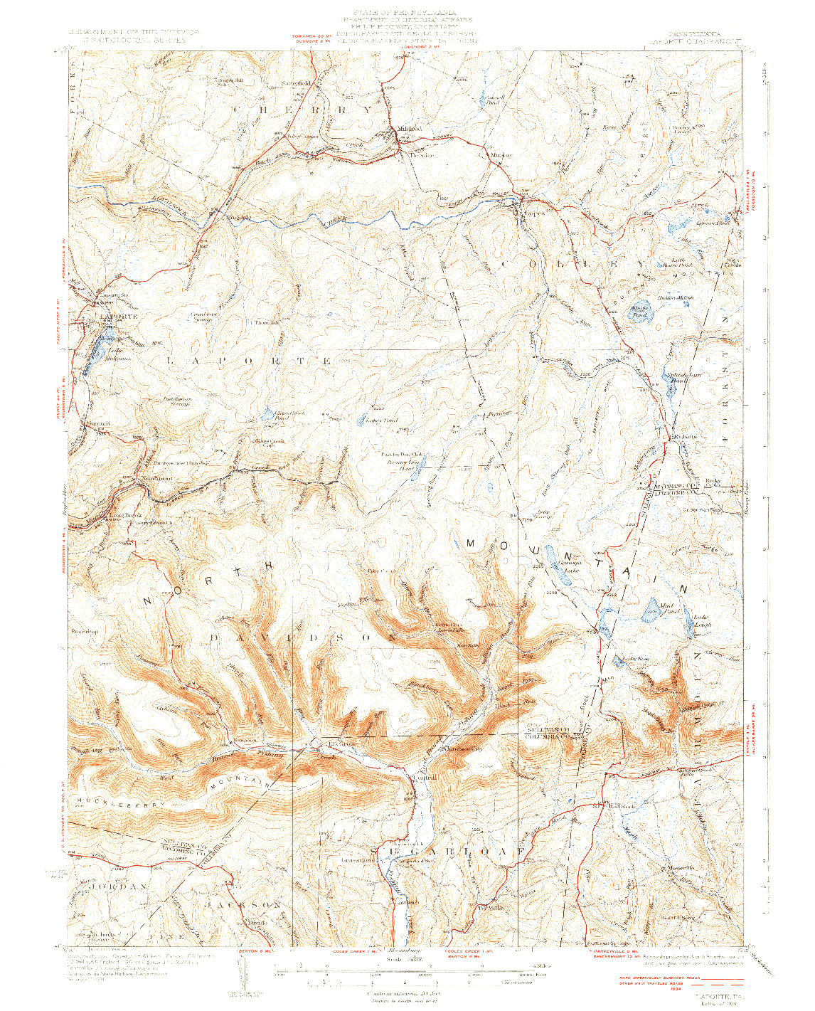 USGS 1:62500-SCALE QUADRANGLE FOR LAPORTE, PA 1934