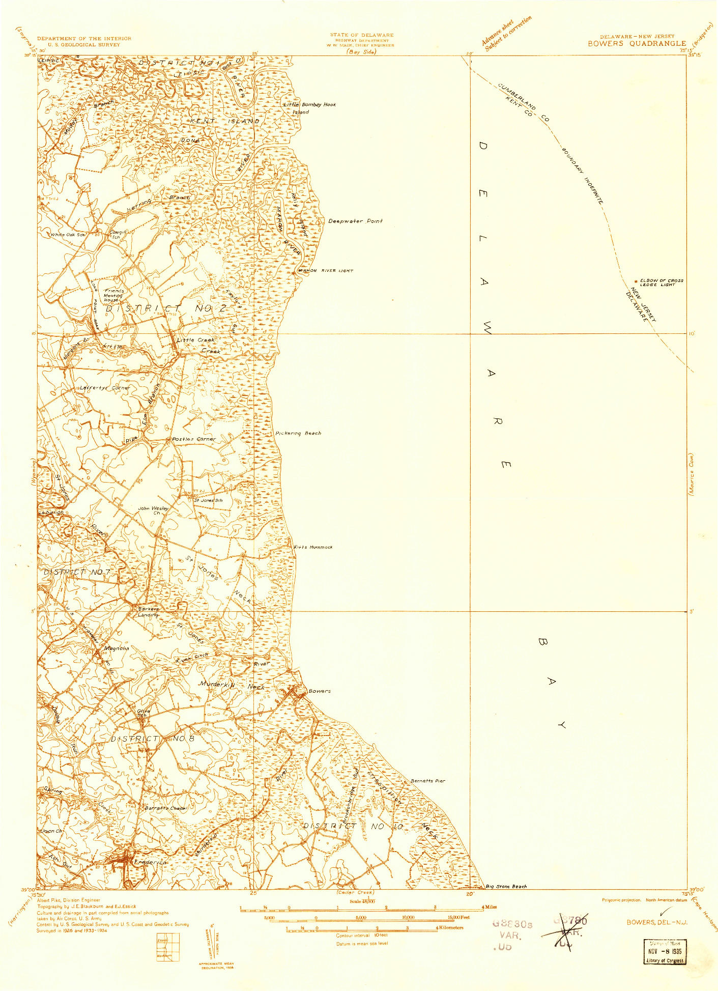 USGS 1:48000-SCALE QUADRANGLE FOR BOWERS, DE 1934