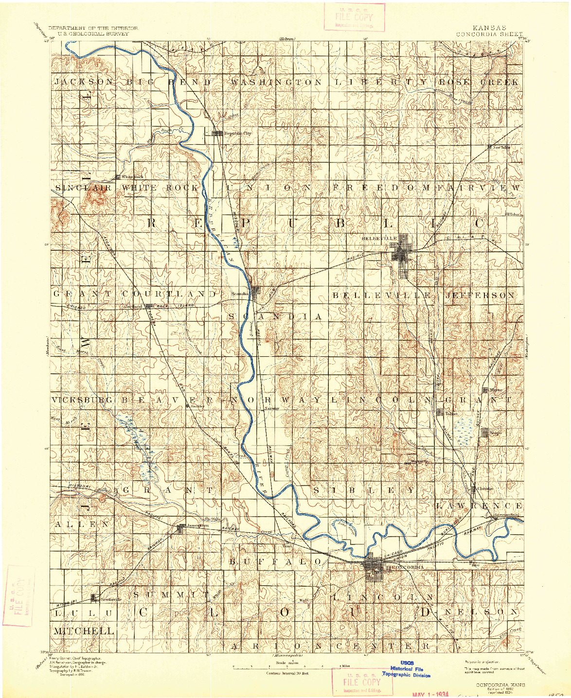 USGS 1:125000-SCALE QUADRANGLE FOR CONCORDIA, KS 1892