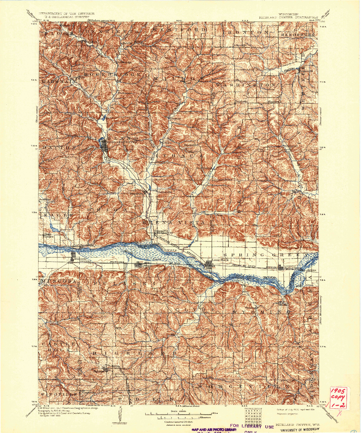 USGS 1:125000-SCALE QUADRANGLE FOR RICHLAND CENTER, WI 1905