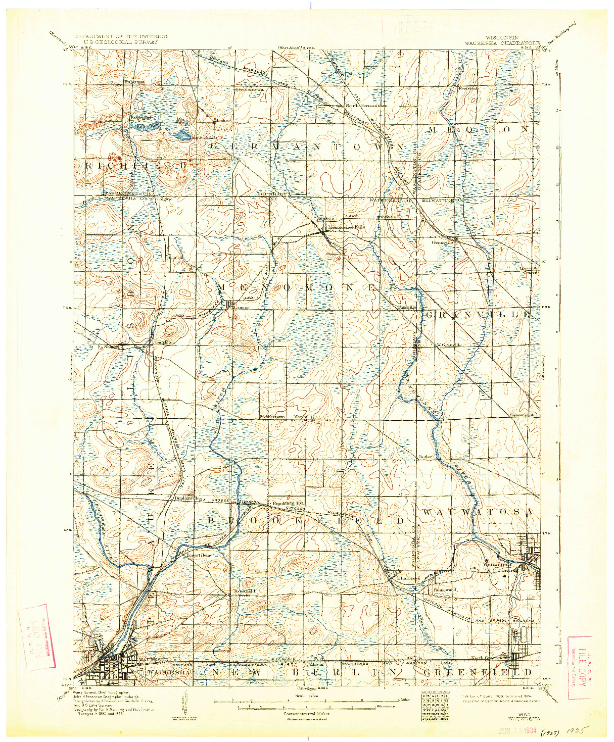USGS 1:62500-SCALE QUADRANGLE FOR WAUKESHA, WI 1906