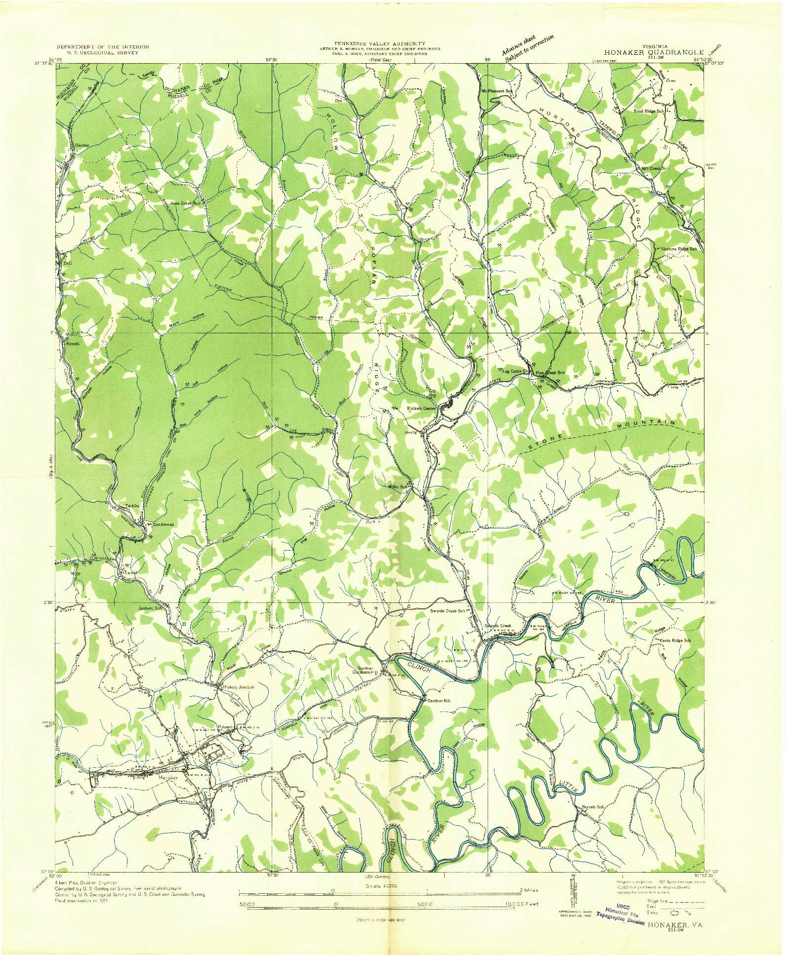 USGS 1:24000-SCALE QUADRANGLE FOR HONAKER, VA 1935
