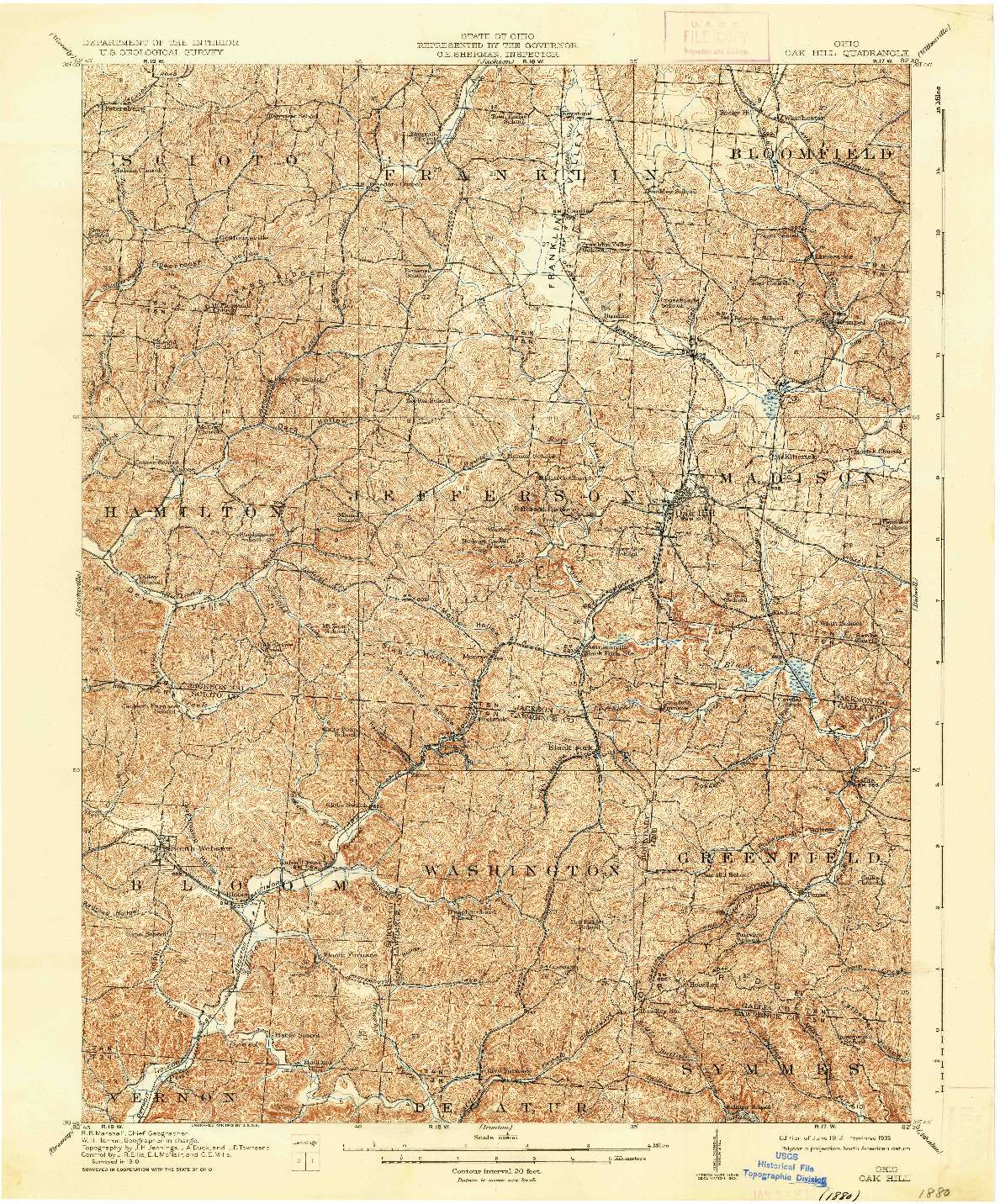 USGS 1:62500-SCALE QUADRANGLE FOR OAK HILL, OH 1912