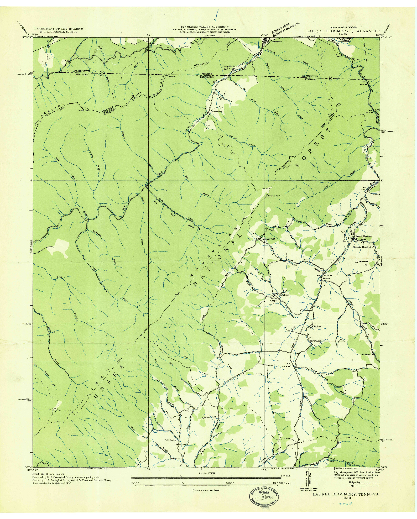 USGS 1:24000-SCALE QUADRANGLE FOR LAUREL BLOOMERY, TN 1935
