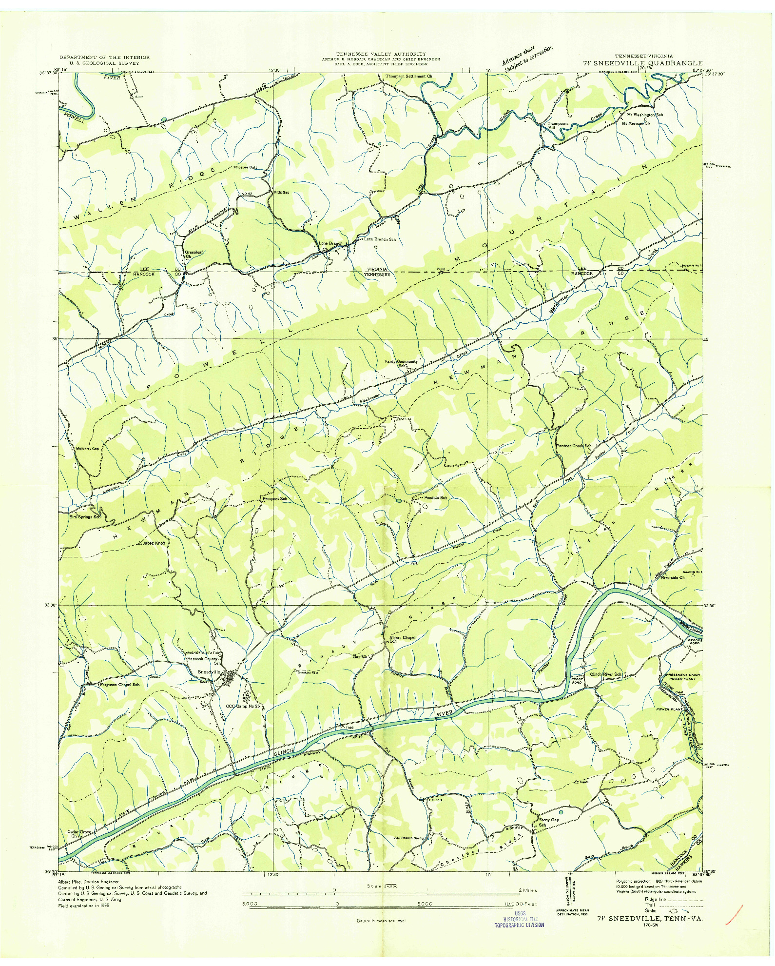 USGS 1:24000-SCALE QUADRANGLE FOR SNEEDVILLE, TN 1935
