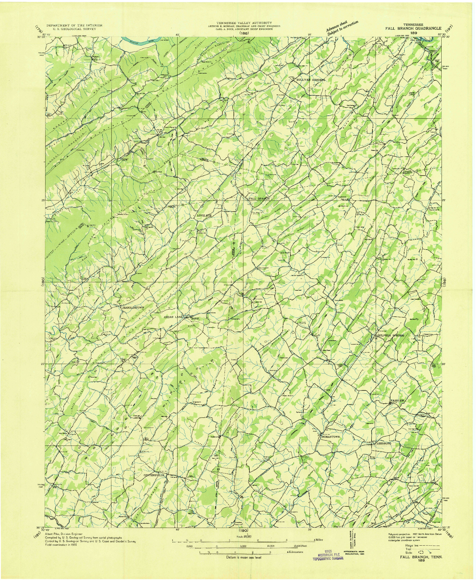 USGS 1:48000-SCALE QUADRANGLE FOR FALL BRANCH, TN 1935