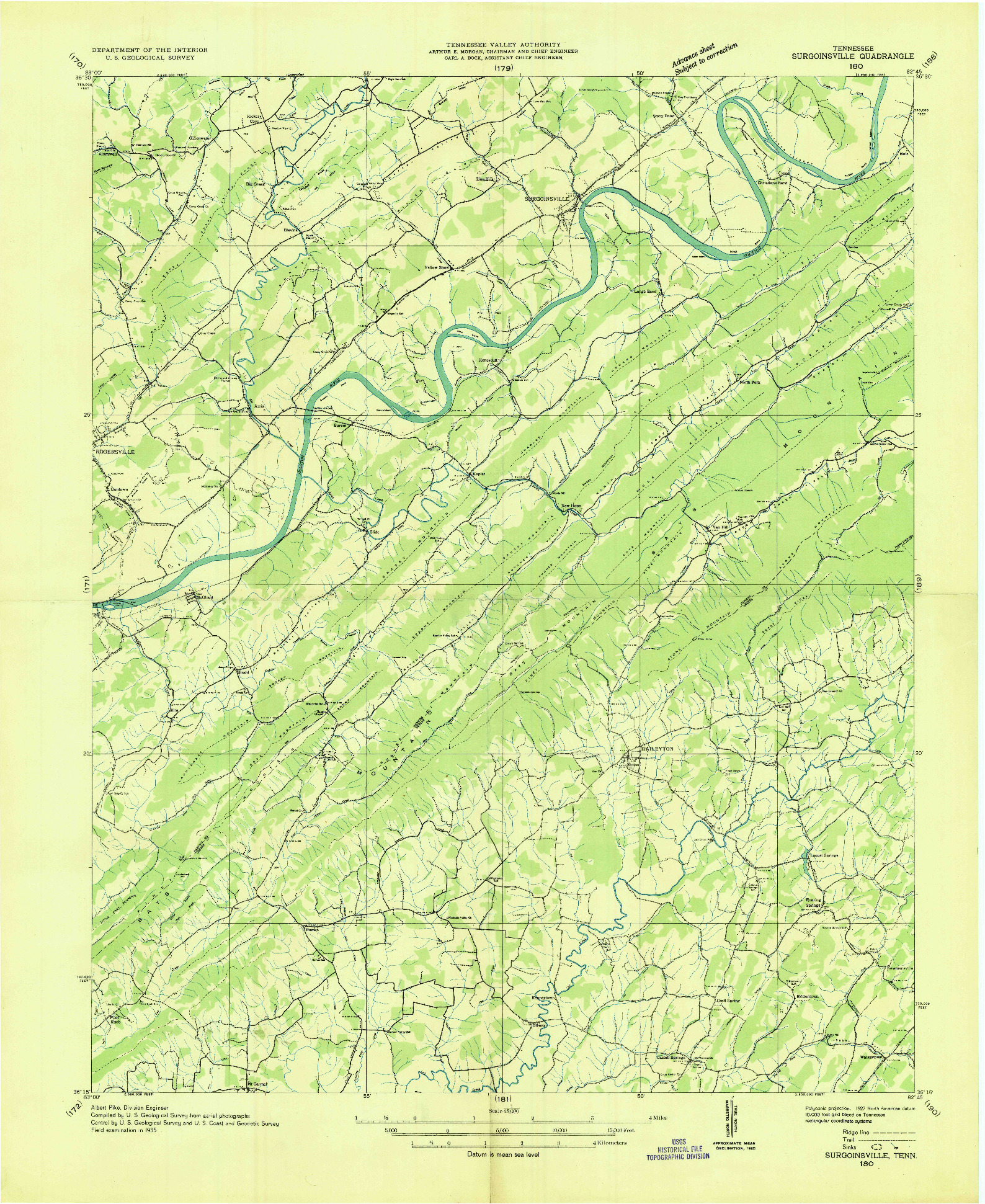 USGS 1:48000-SCALE QUADRANGLE FOR SURGOINSVILLE, TN 1935
