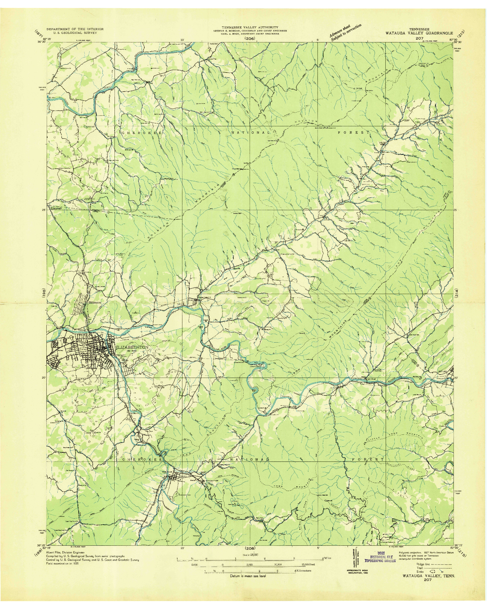 USGS 1:48000-SCALE QUADRANGLE FOR WATAUGA VALLEY, TN 1935