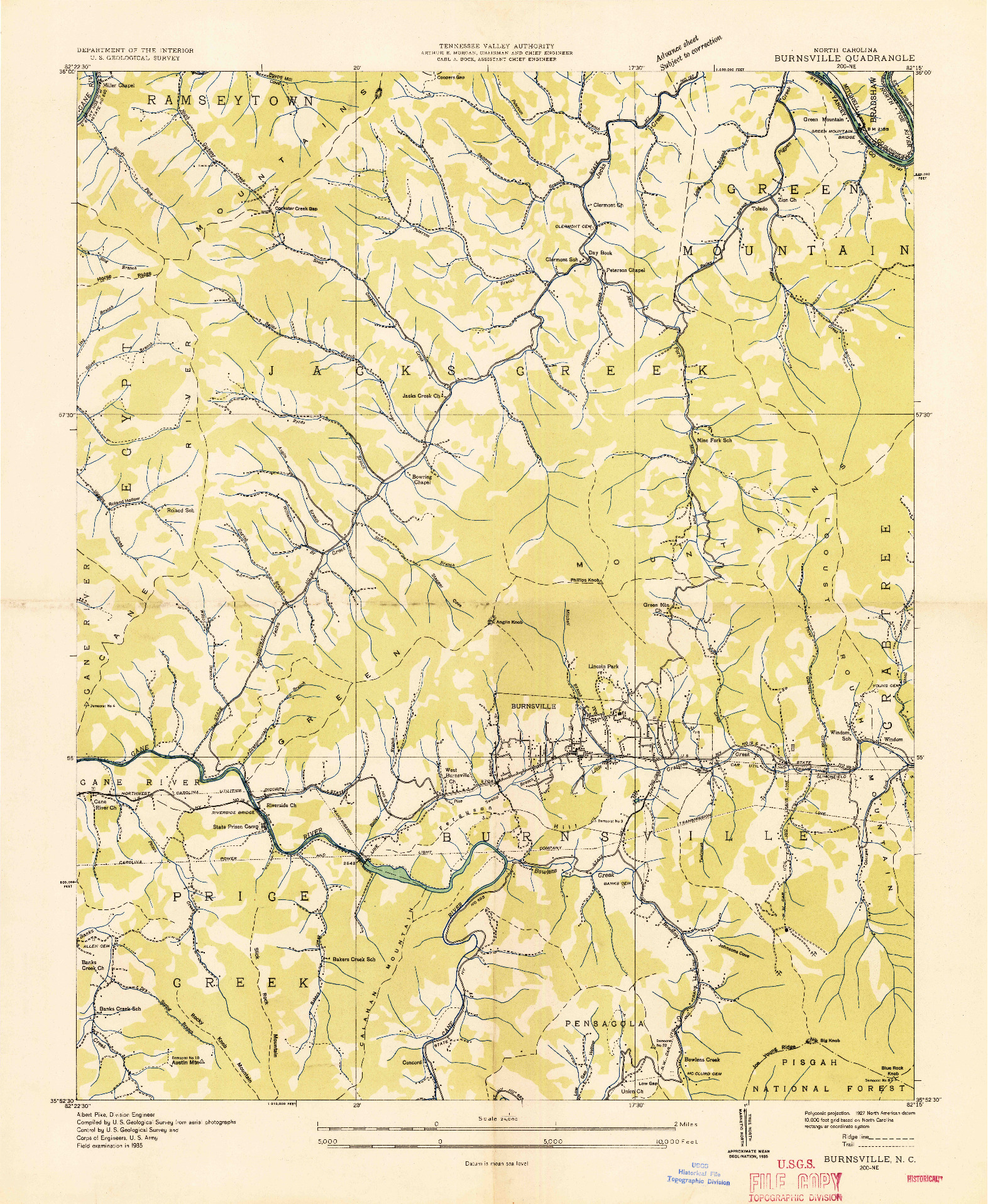 USGS 1:24000-SCALE QUADRANGLE FOR BURNSVILLE, NC 1935