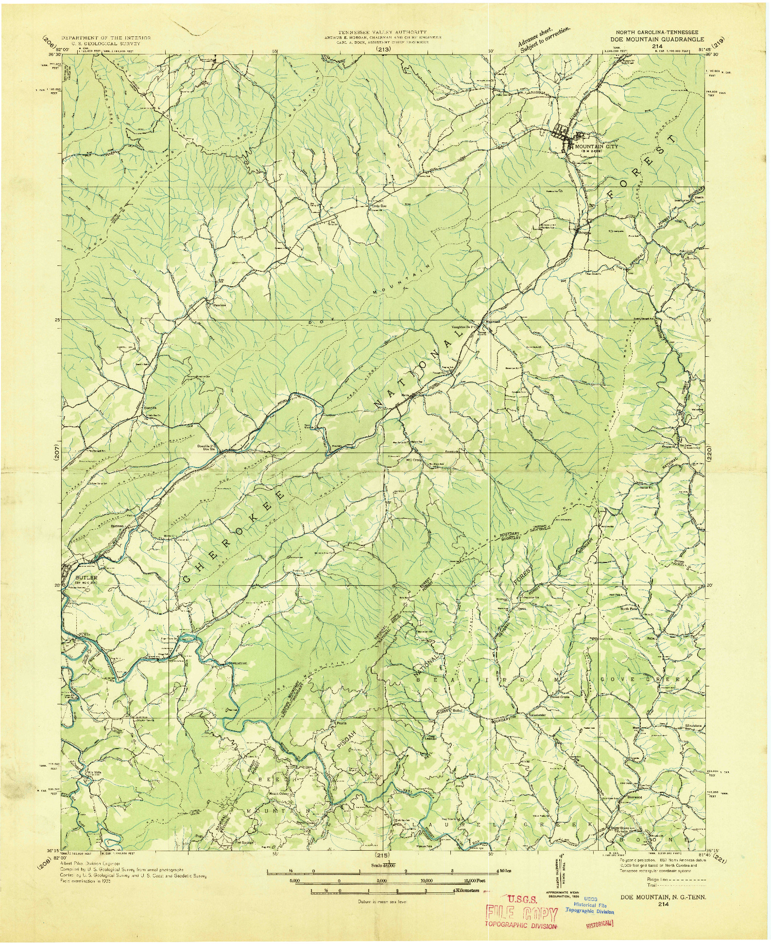 USGS 1:48000-SCALE QUADRANGLE FOR DOE MOUNTAIN, NC 1935