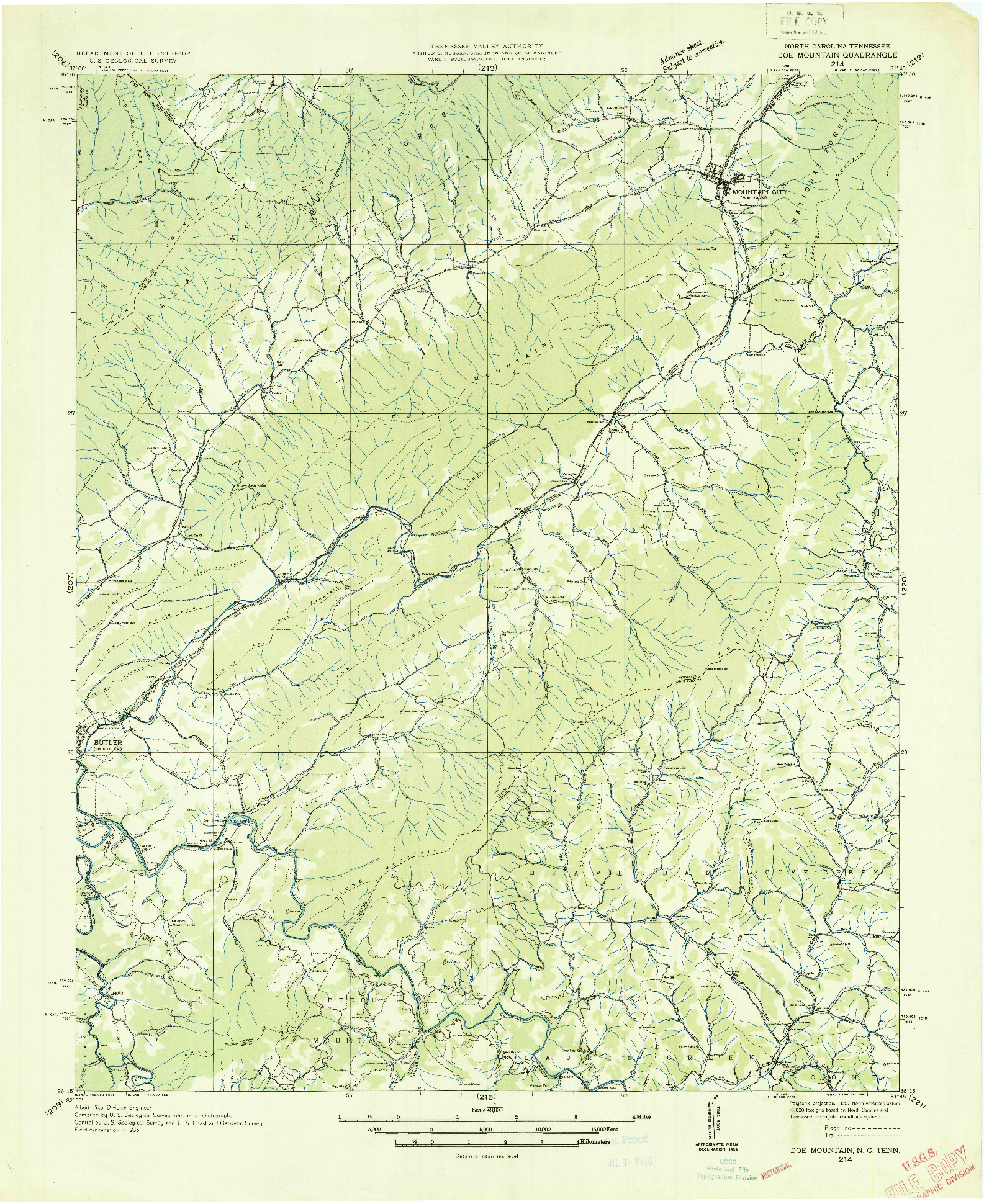 USGS 1:48000-SCALE QUADRANGLE FOR DOE MOUNTAIN, NC 1935