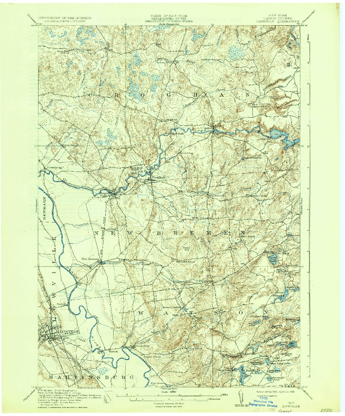 USGS 1:62500-SCALE QUADRANGLE FOR LOWVILLE, NY 1913