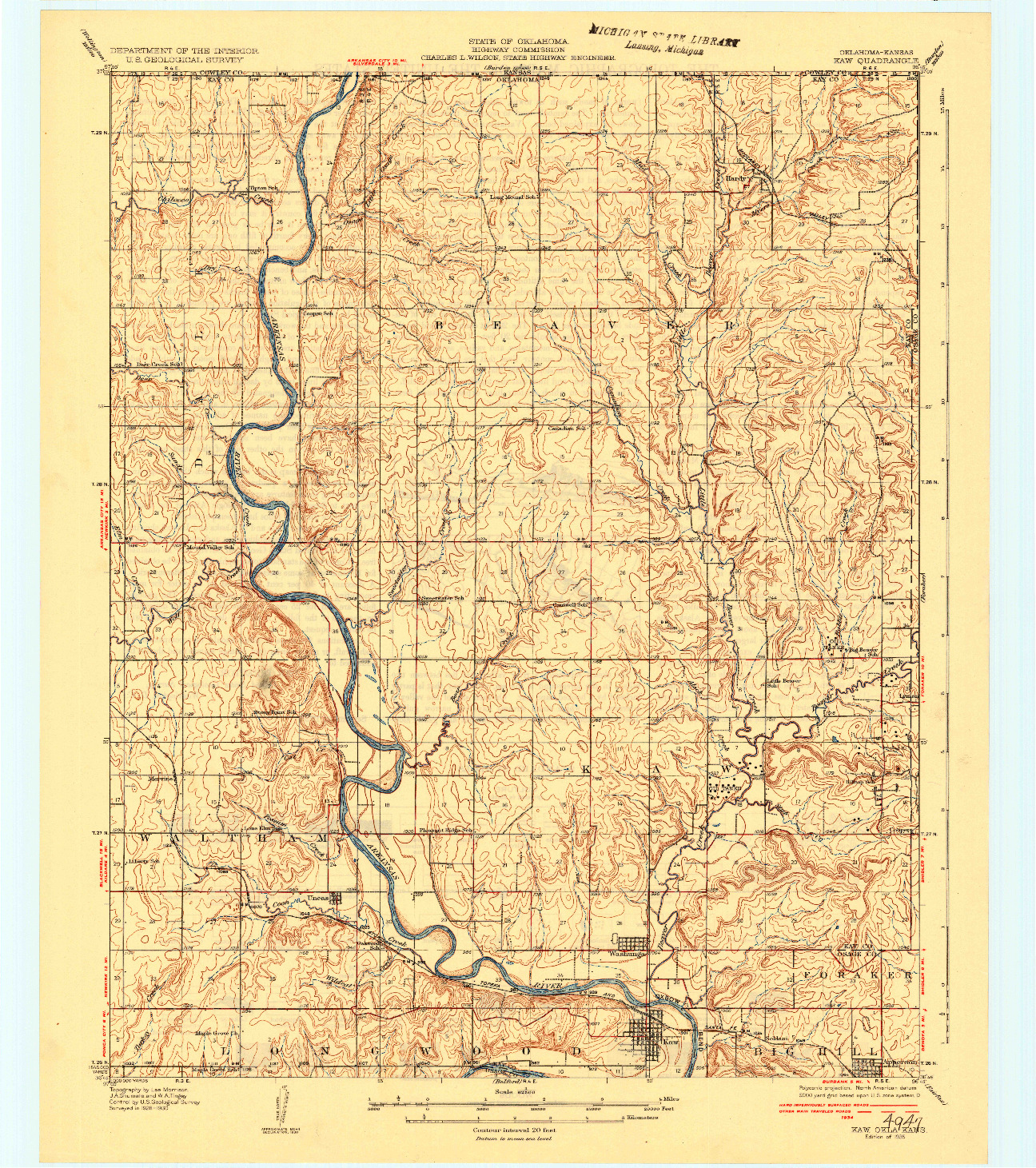 USGS 1:62500-SCALE QUADRANGLE FOR KAW, OK 1935
