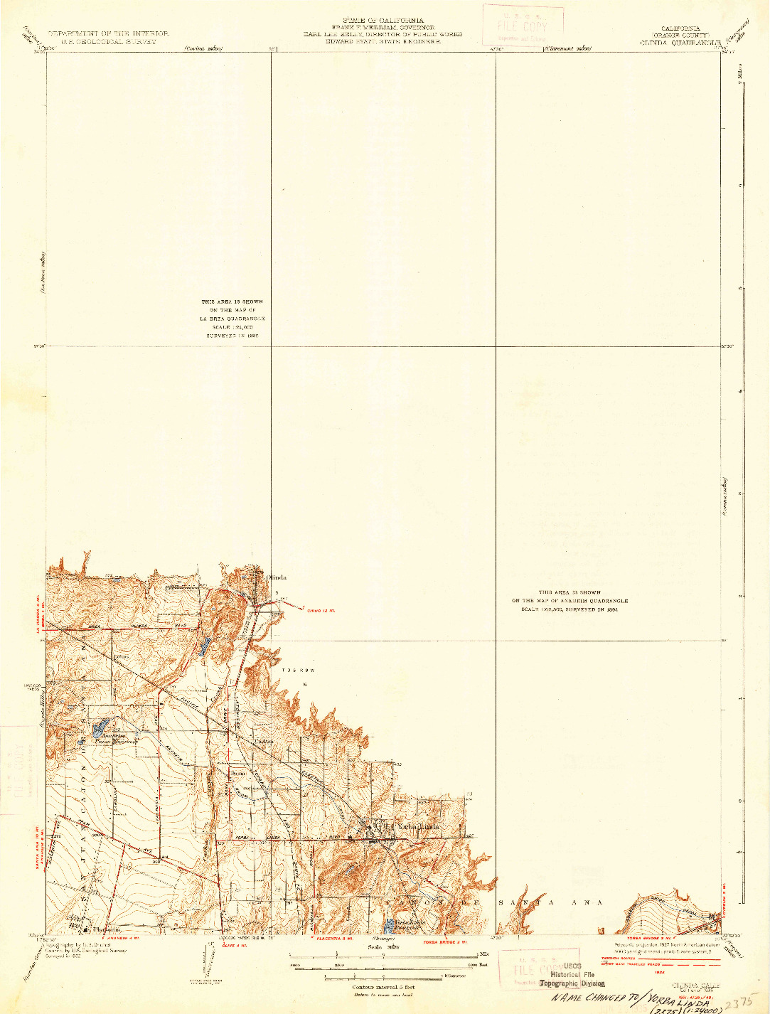 USGS 1:31680-SCALE QUADRANGLE FOR OLINDA, CA 1935