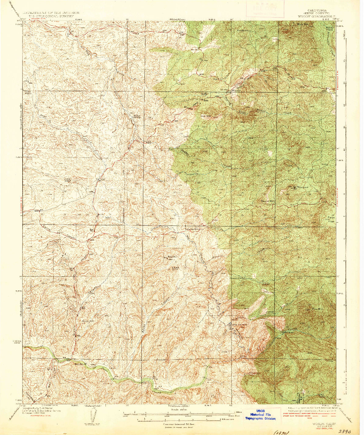 USGS 1:62500-SCALE QUADRANGLE FOR WOODY, CA 1935