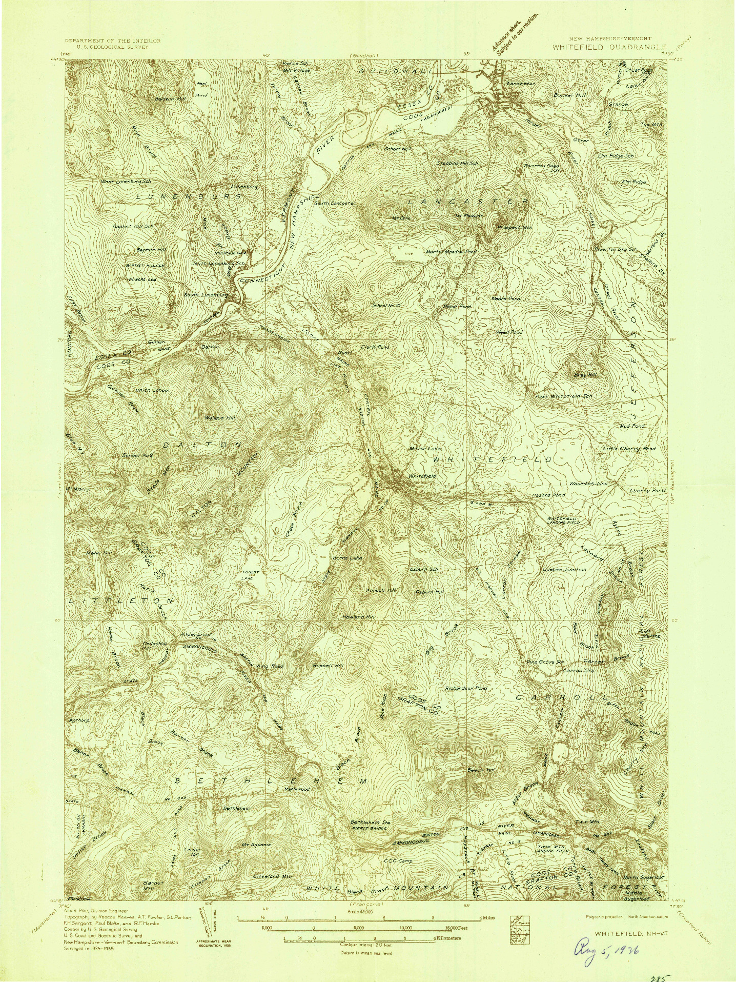 USGS 1:48000-SCALE QUADRANGLE FOR WHITEFIELD, NH 1935