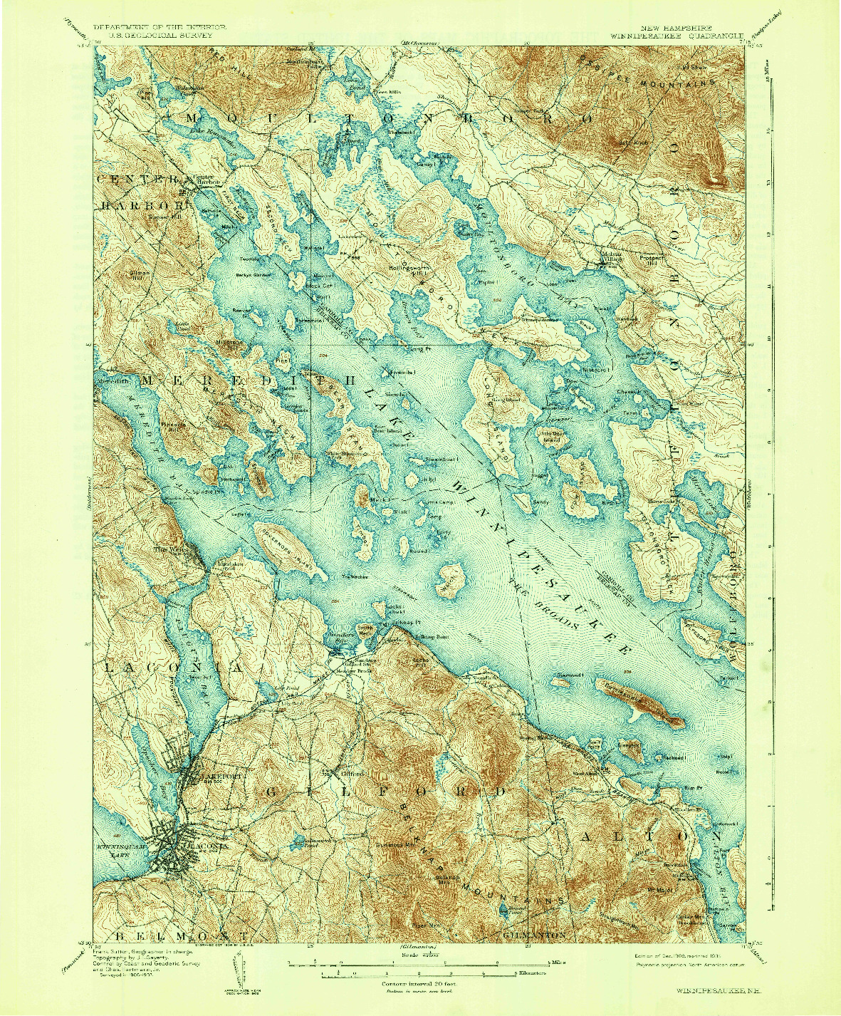 USGS 1:62500-SCALE QUADRANGLE FOR WINNIPESAUKEE, NH 1909