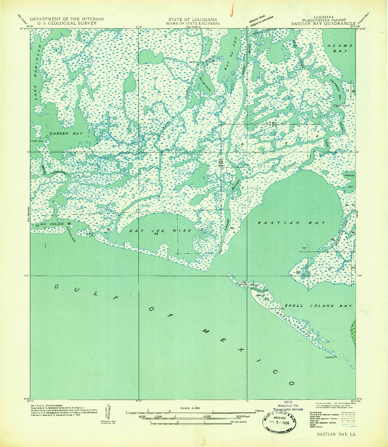 USGS 1:31680-SCALE QUADRANGLE FOR BASTIAN BAY, LA 1935