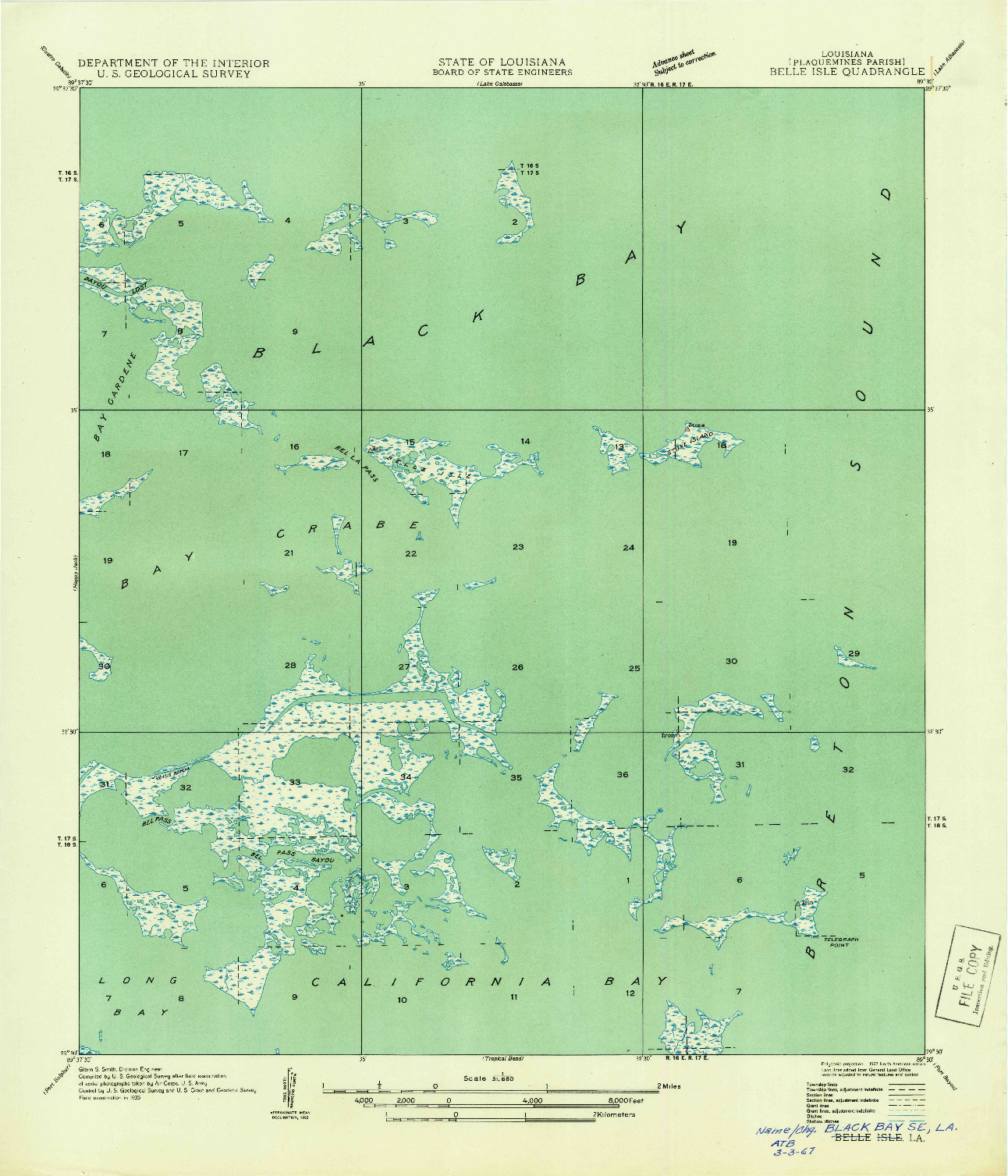 USGS 1:31680-SCALE QUADRANGLE FOR BELLE ISLE, LA 1935