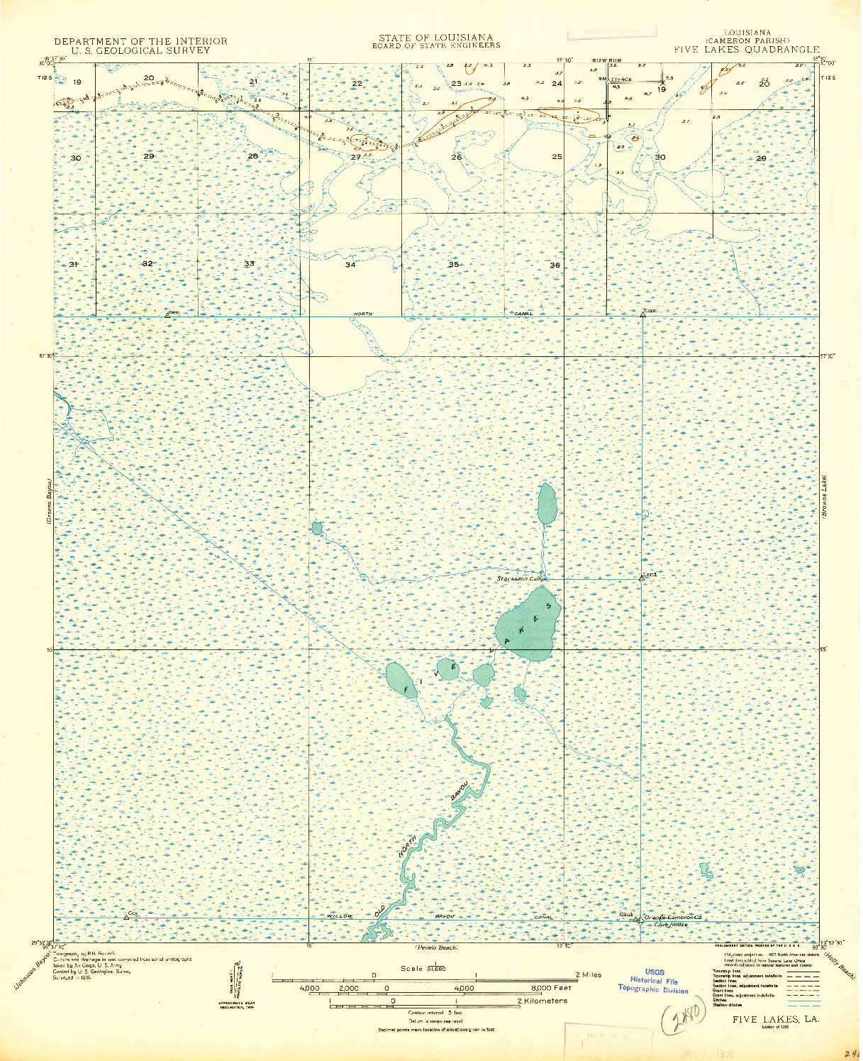 USGS 1:31680-SCALE QUADRANGLE FOR FIVE LAKES, LA 1935