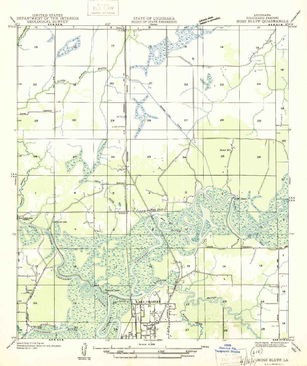 USGS 1:31680-SCALE QUADRANGLE FOR MOSS BLUFF, LA 1935