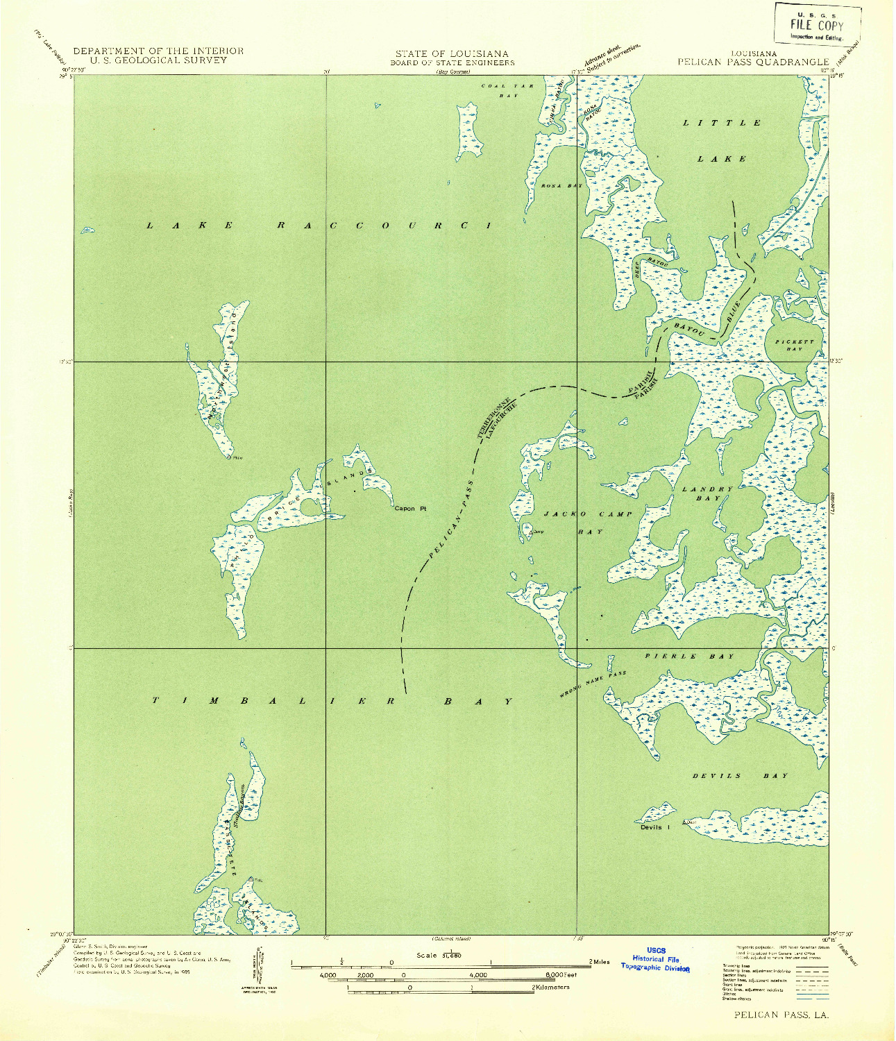 USGS 1:31680-SCALE QUADRANGLE FOR PELICAN PASS, LA 1935