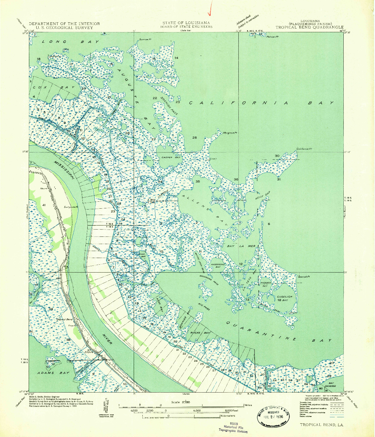 USGS 1:31680-SCALE QUADRANGLE FOR TROPICAL BEND, LA 1935