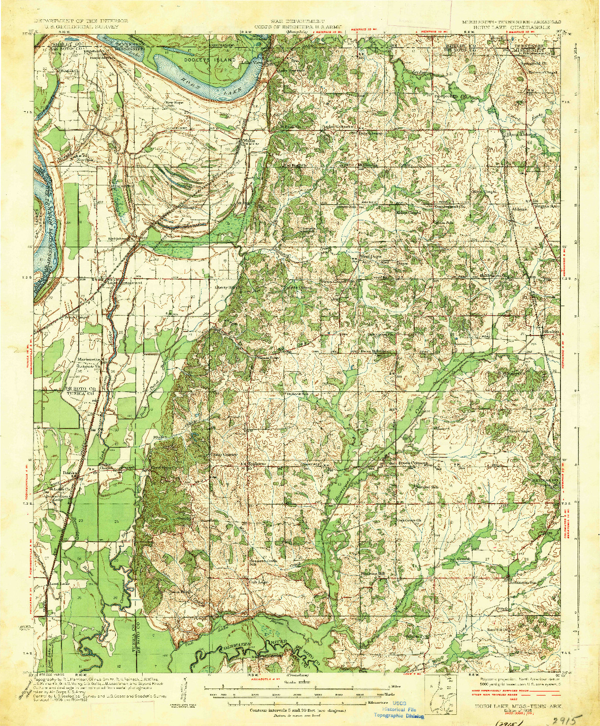 USGS 1:62500-SCALE QUADRANGLE FOR HORN LAKE, MS 1935