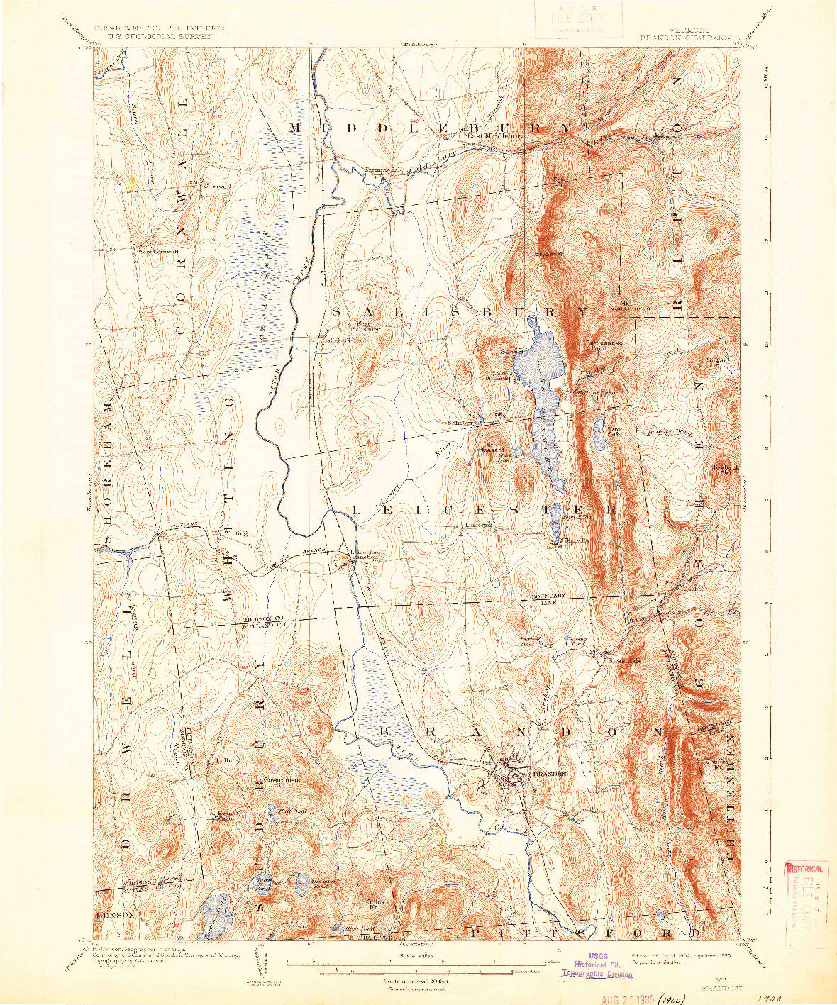 USGS 1:62500-SCALE QUADRANGLE FOR BRANDON, VT 1904