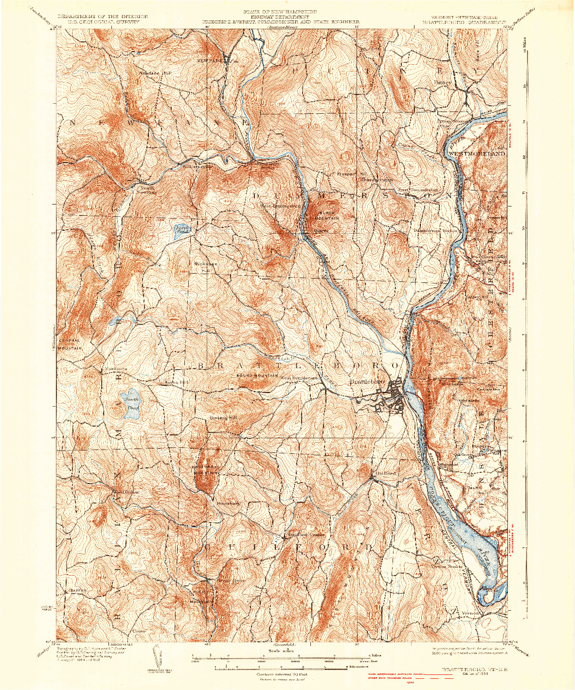 USGS 1:62500-SCALE QUADRANGLE FOR BRATTLEBORO, VT 1935