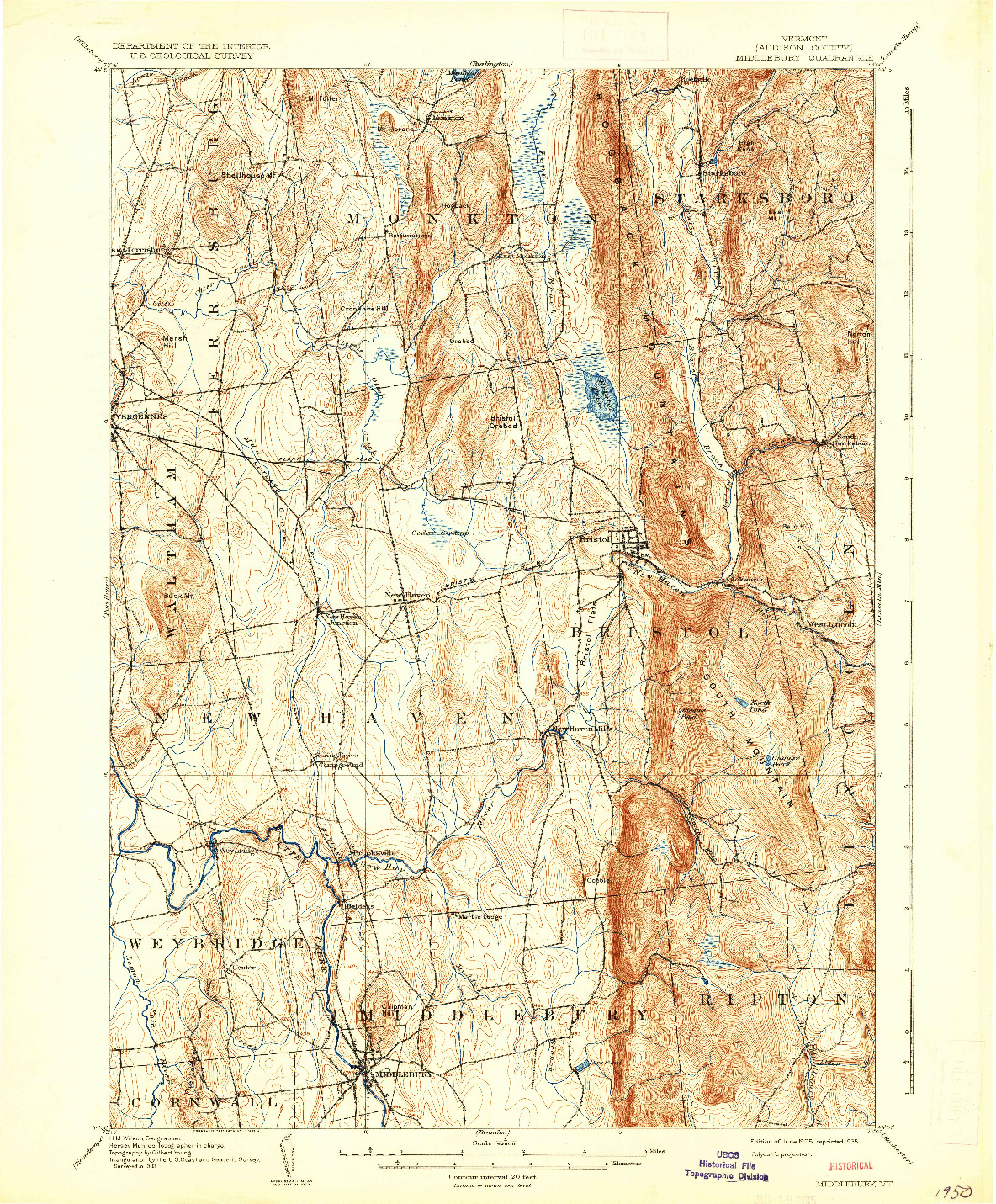 USGS 1:62500-SCALE QUADRANGLE FOR MIDDLEBURY, VT 1905