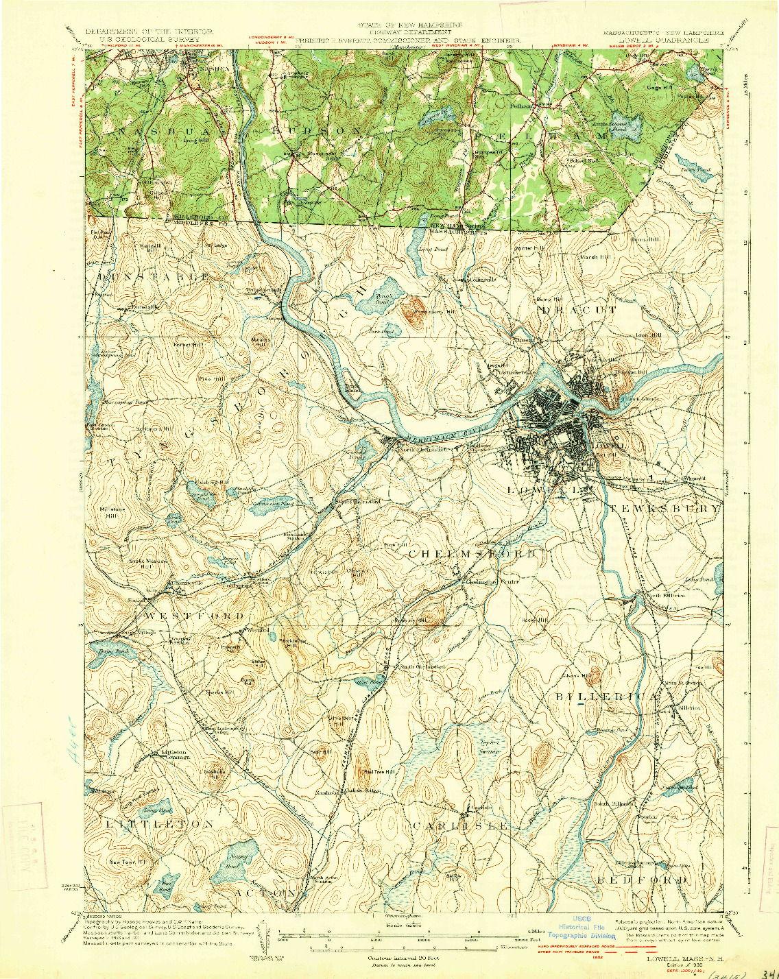 USGS 1:62500-SCALE QUADRANGLE FOR LOWELL, MA 1935