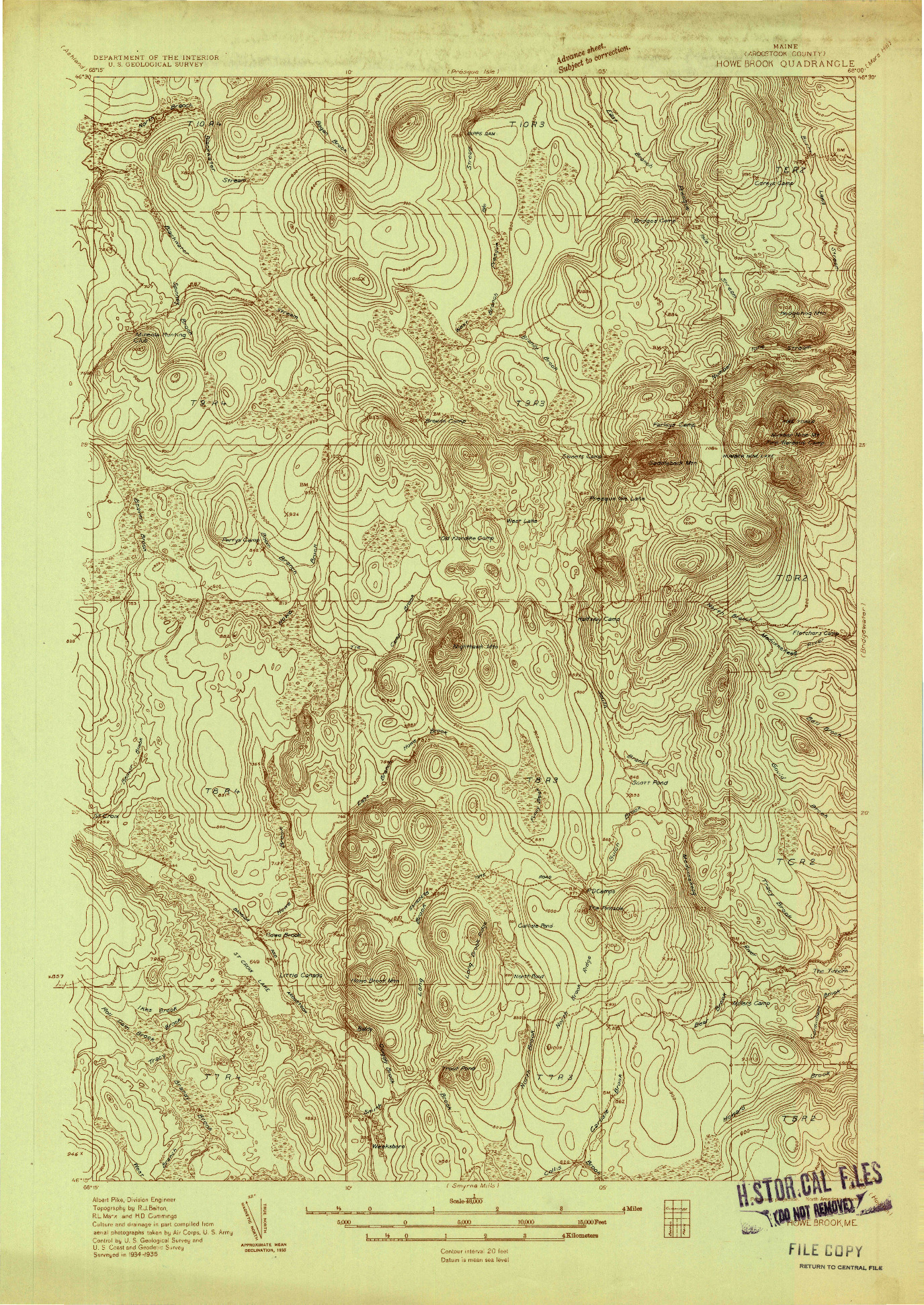 USGS 1:48000-SCALE QUADRANGLE FOR HOWE BROOK, ME 1935