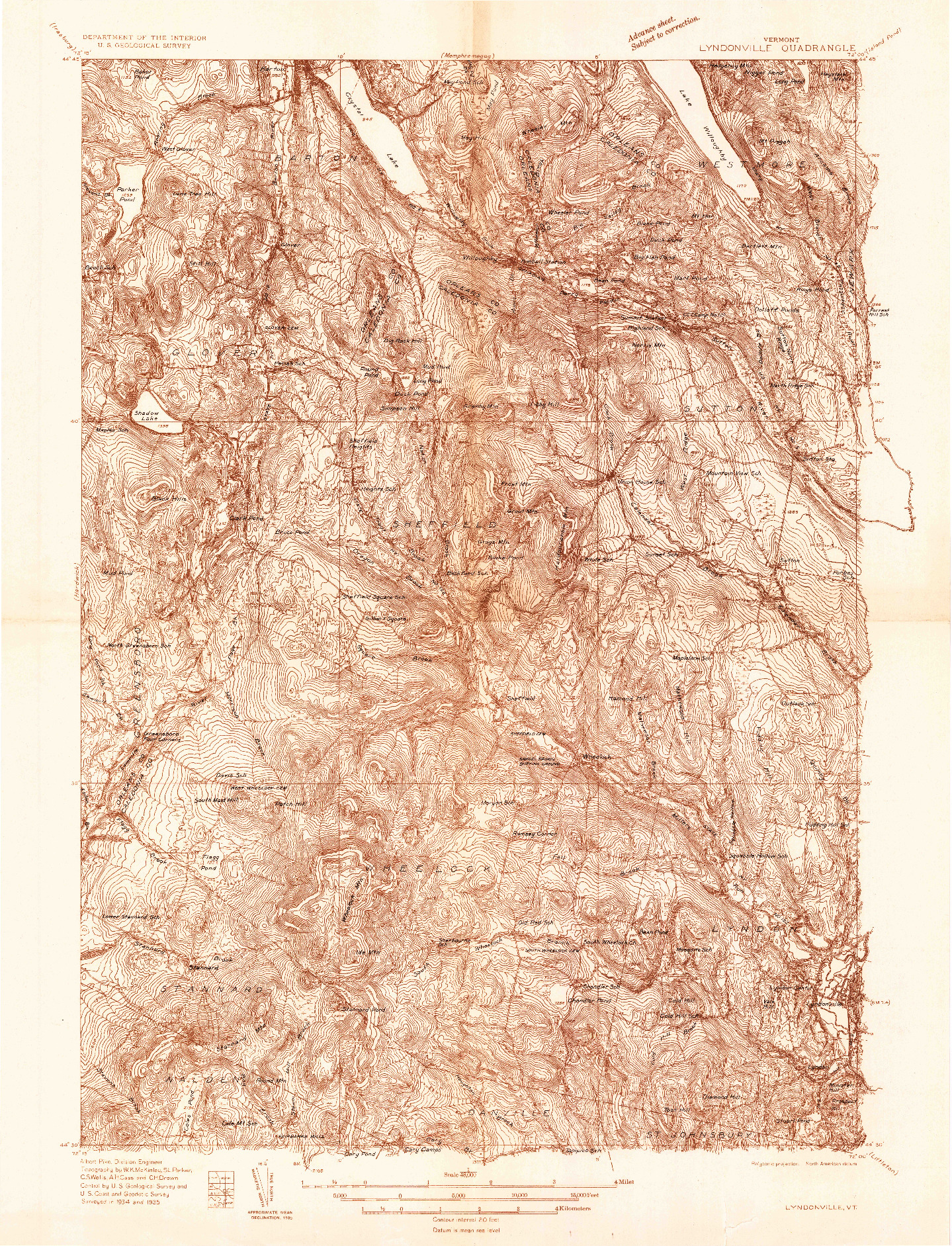 USGS 1:48000-SCALE QUADRANGLE FOR LYNDONVILLE, VT 1935