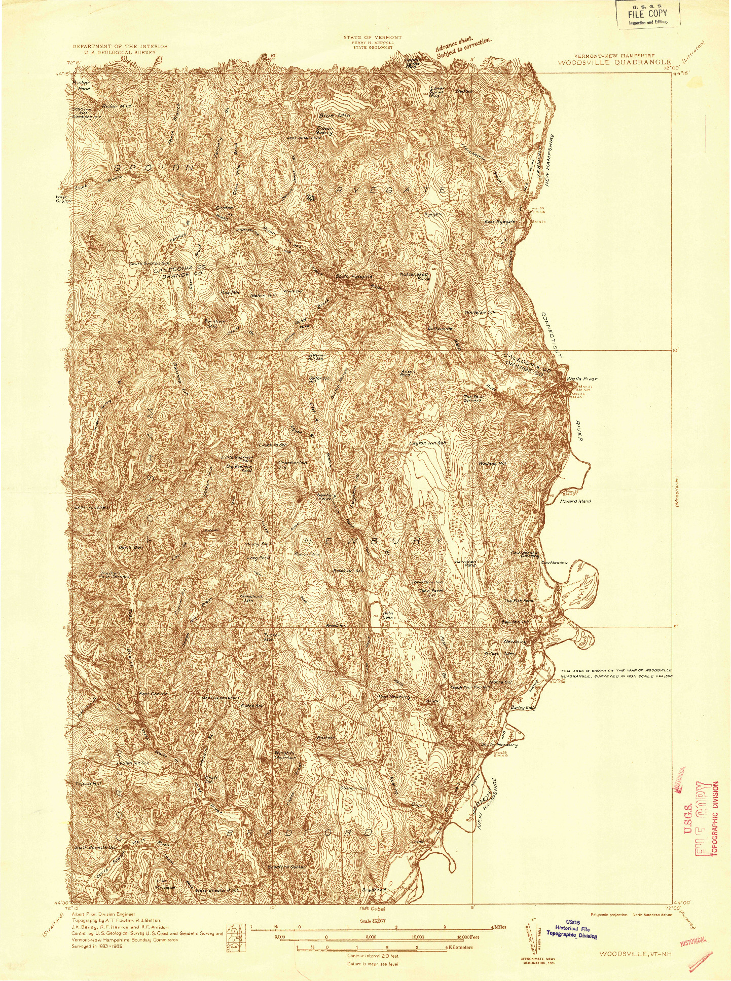 USGS 1:48000-SCALE QUADRANGLE FOR WOODSVILLE, VT 1935