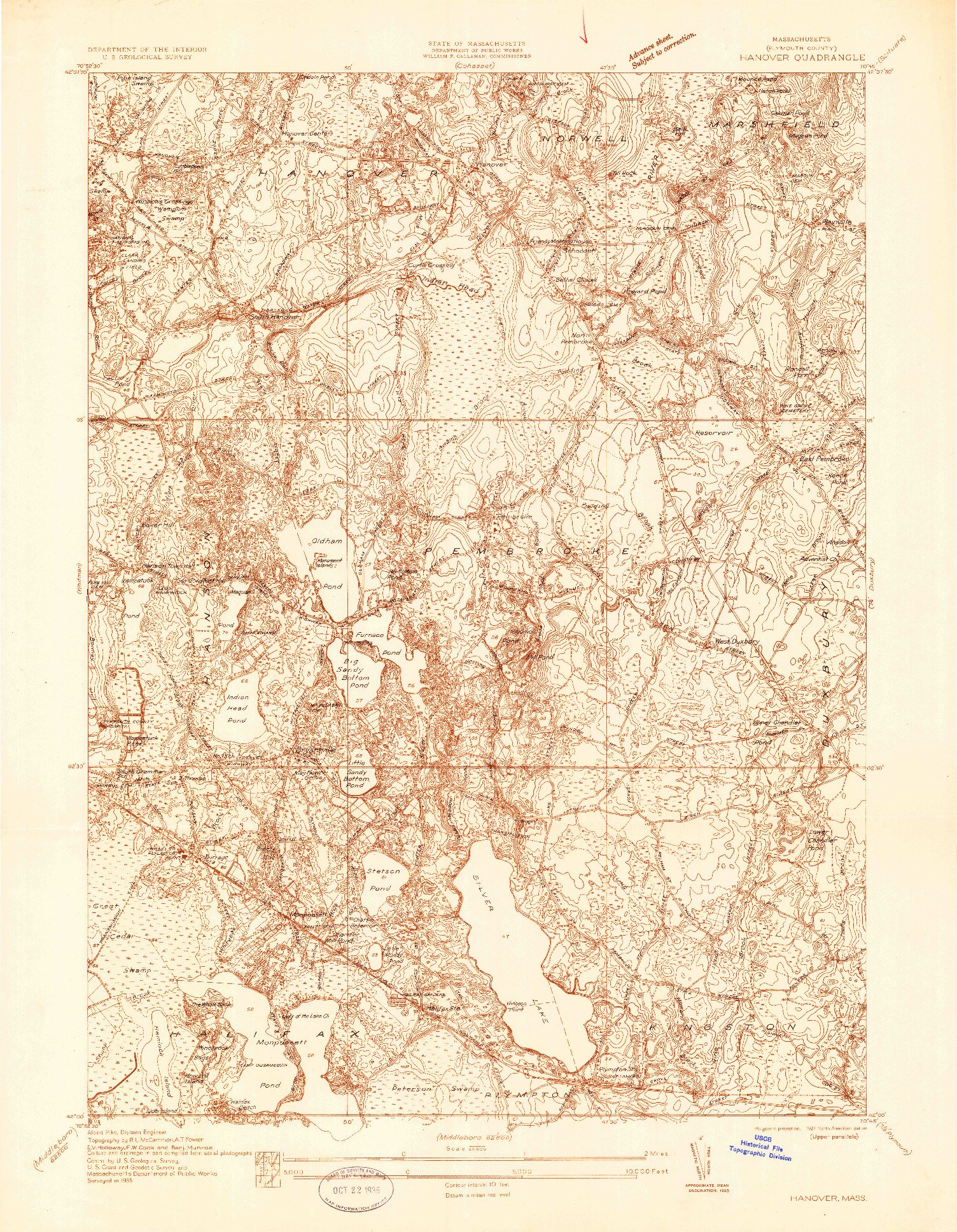USGS 1:24000-SCALE QUADRANGLE FOR HANOVER, MA 1935