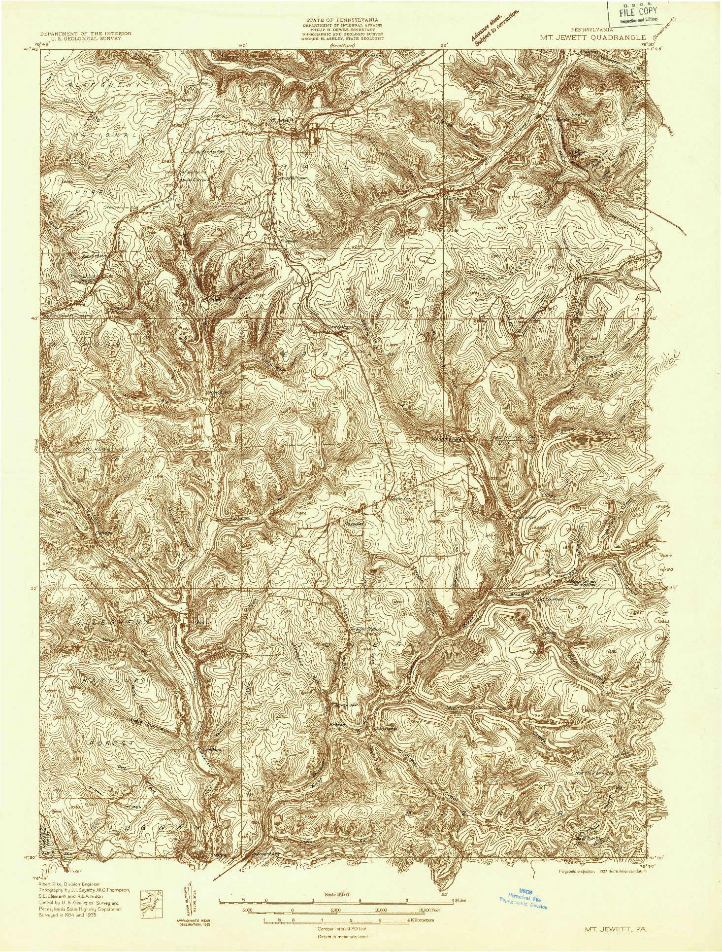 USGS 1:48000-SCALE QUADRANGLE FOR MT. JEWETT, PA 1935